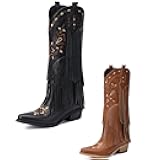 Cowboy Boots for Women - Fringe Knee High Cowgirl Boots with Classic Embroidery, Pointed Toe Pull on Retro Design, Perfect for Western Parties, Weddings and Events