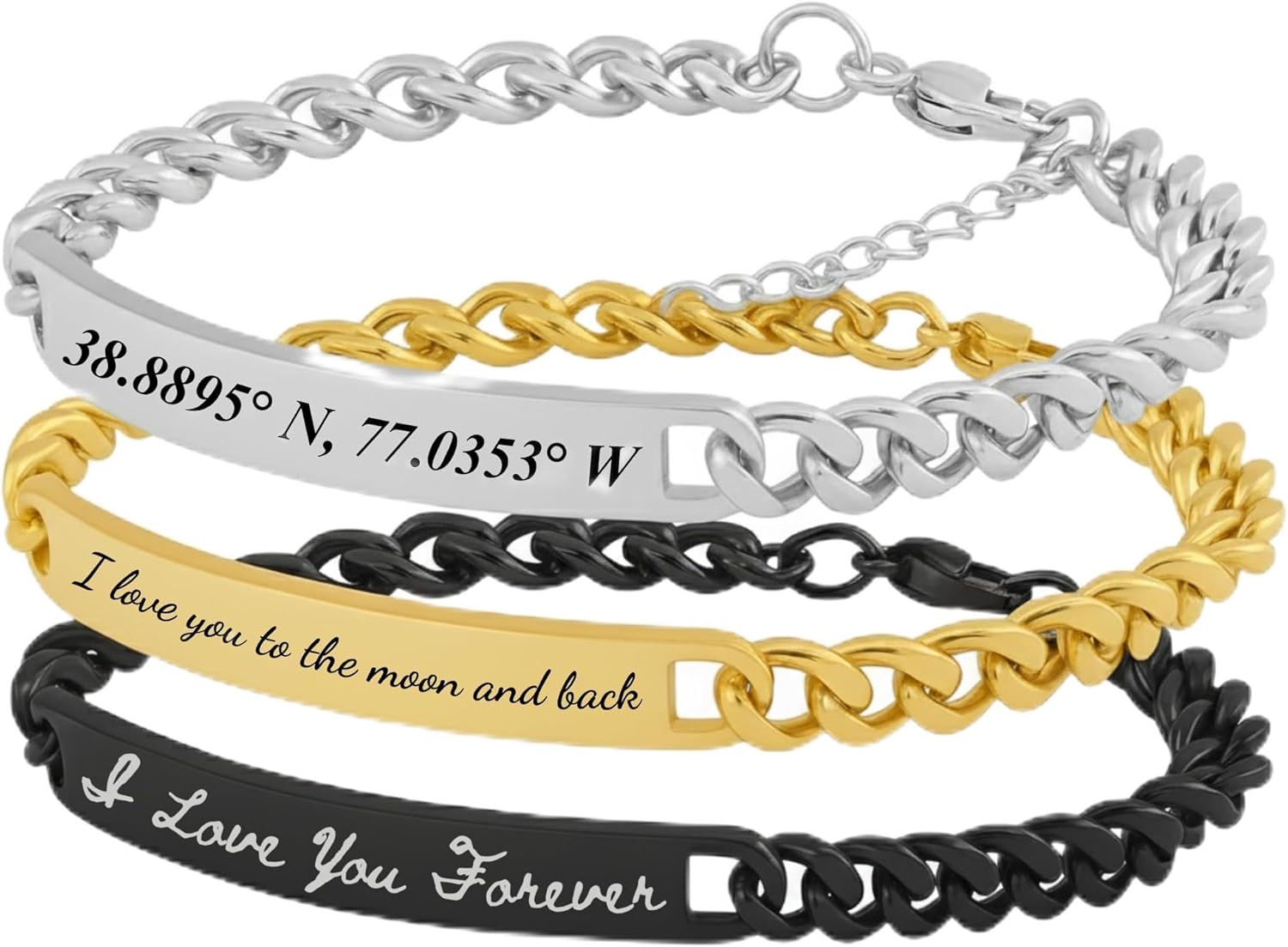 Personalized Engraved Bracelet Custom Handwriting or Typed Text Stainless Steel Curb Chain Bracelet in Gold Silver Black Finish Adjustable Unisex Gift for Her & Him Anniversary Birthday Graduation Mom Dad