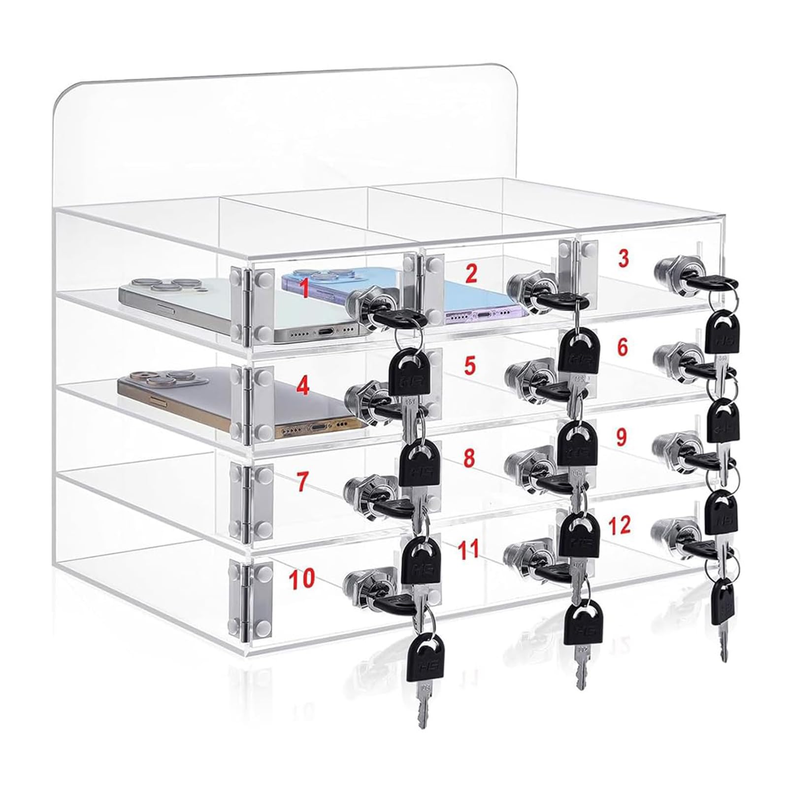 Zertylre Cell Phone Locker Box Clear Acrylic Cell Phone Storage Cabinet Wall Mounted Mobile Phone Safe with Door Locks & Keys for Classroom School Office (12 Slots)