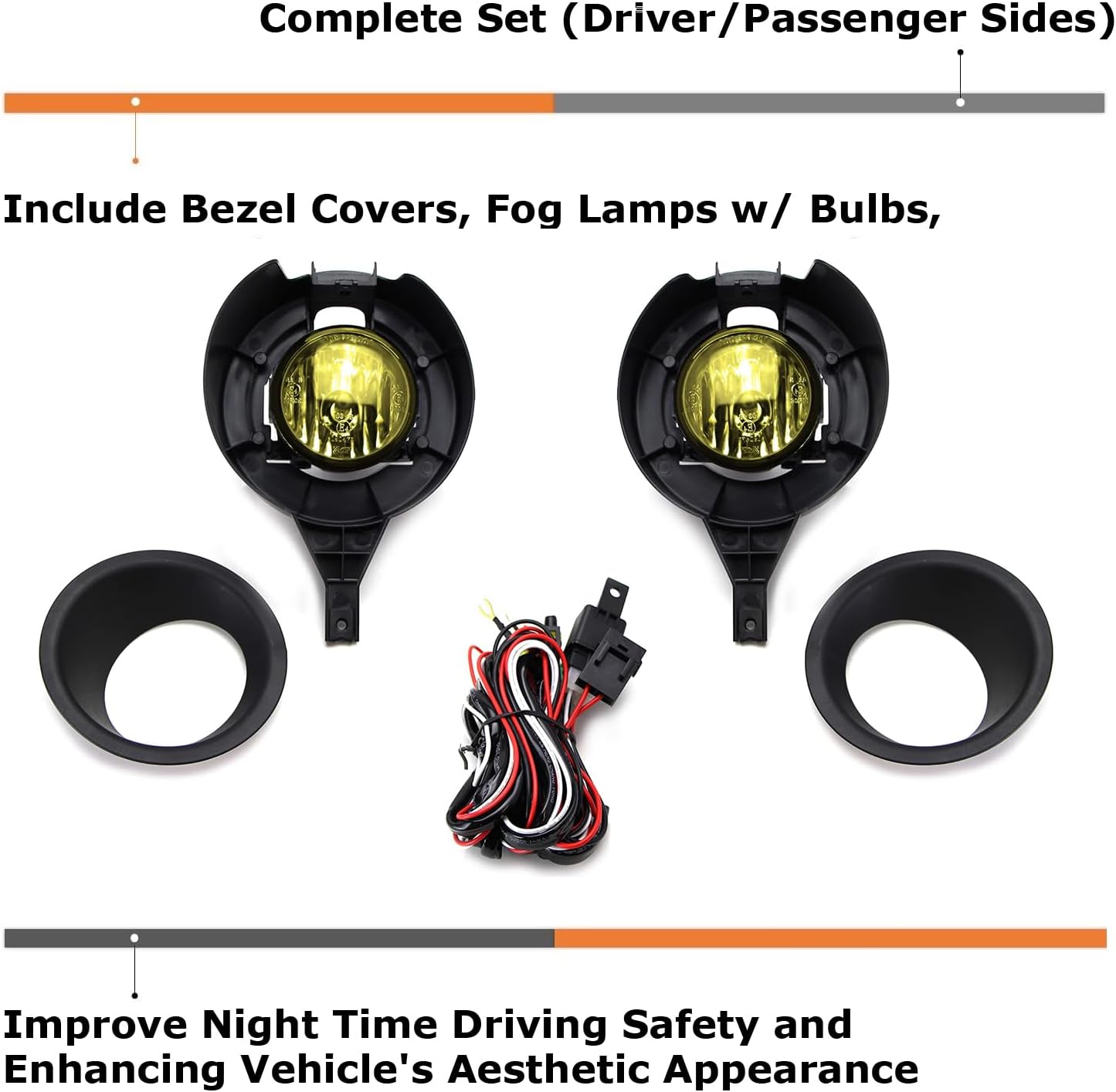 iJDMTOY Left/Right Yellow Lens Fog Lights Foglamp Kit w/Halogen Bulbs, Bezel Covers and Wiring Harness Switch Compatible With 2005-2020 Nissan Frontier w/Metal Chrome Bumper
