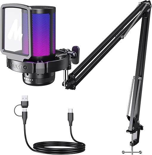 Maono RGB Condenser Mic with Noise Cancellation, USB Gaming Podcast Microphone with Adjustable RGB Lights, 1-Click Mute, Mic Gain, 0-Lantency…