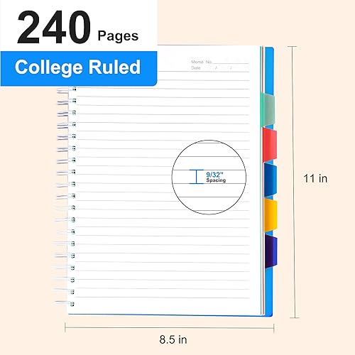 Miniatura 3 de Cuaderno de 5 materias de 8.5 x 11 pulgadas, cuaderno grande en espiral con divisores, 240 páginas, cuadernos de oficina para el trabajo, cuaderno