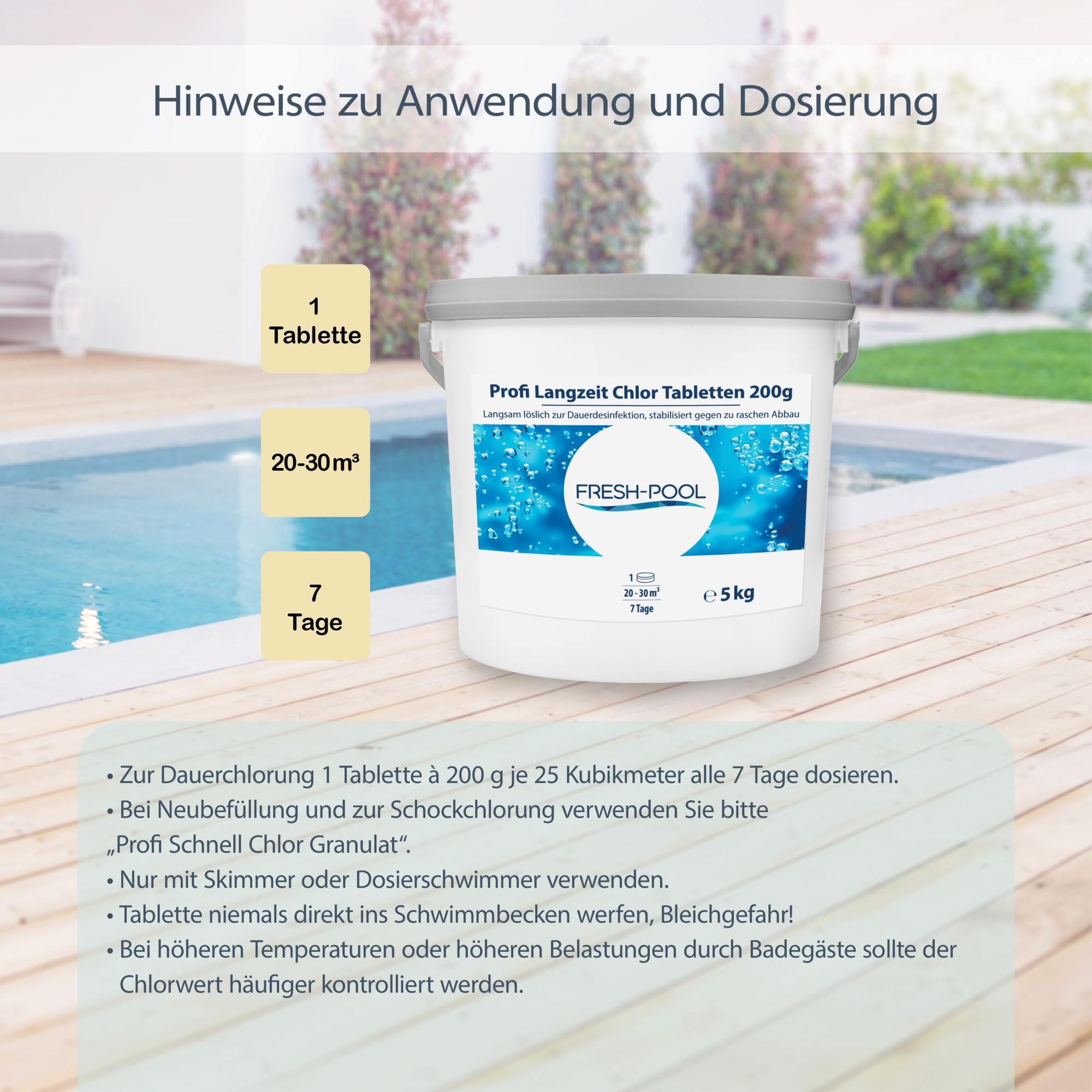 Fresh-Pool Profi Langzeit Chlor Tabletten 200g 5 kg - Chlortabs/Chlortabletten für Pool | Chlor Langzeittabletten Pool | Langzeit Chlortabletten 200g