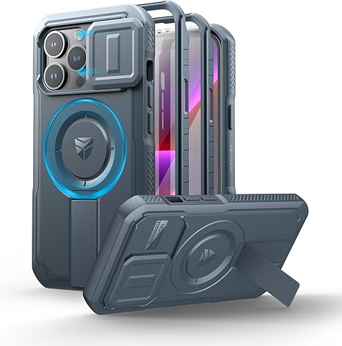 Vista 114 de Dexnor - Funda para iPhone 14 Pro Max con tapa deslizante para cámara, soporte ajustable y protector de pantalla integrado, carcasa magnética Negro