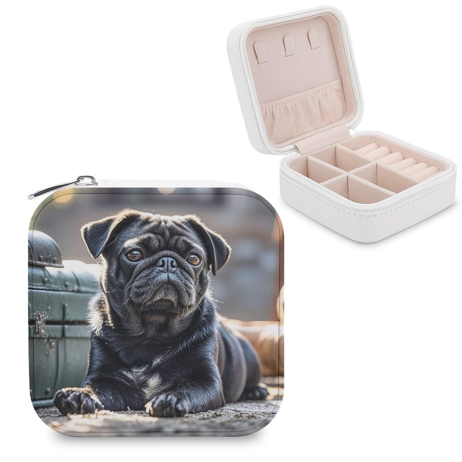 LZQPOEAS Cute Black Pug Dog Jewelry Box Mini Jewelry Travel Case Trendy Stuff Ring Box Custom PU Leather Jewelry Boxes Portable Jewelry Case Earring Storage Organizer for Girls Women