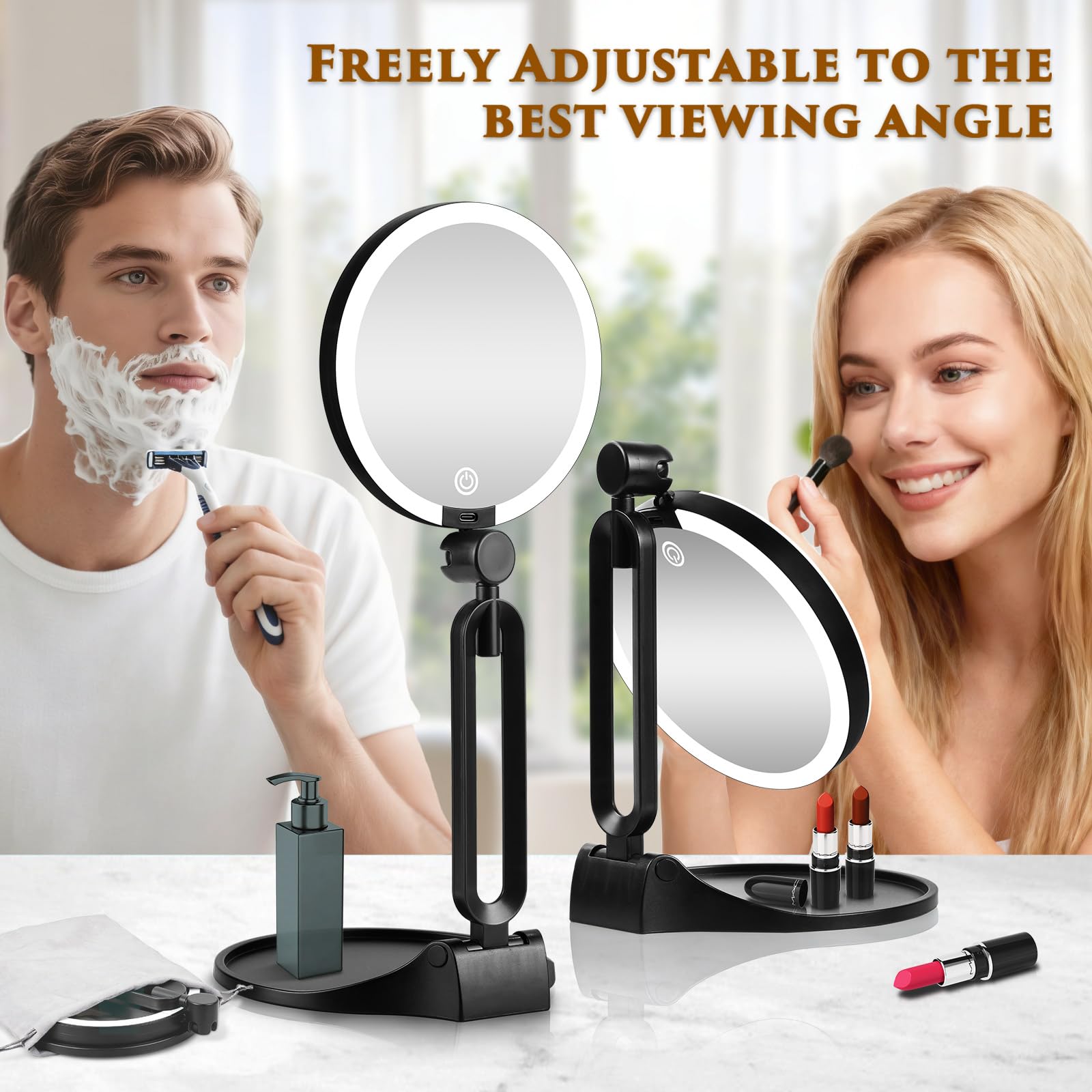 Espejo de maquillaje de viaje con luces, espejos de tocador iluminados portátiles de 6 pulgadas para escritorio/viajes, espejo LED de atenuación de doble cara 1X+30X con soporte plegable ajustable