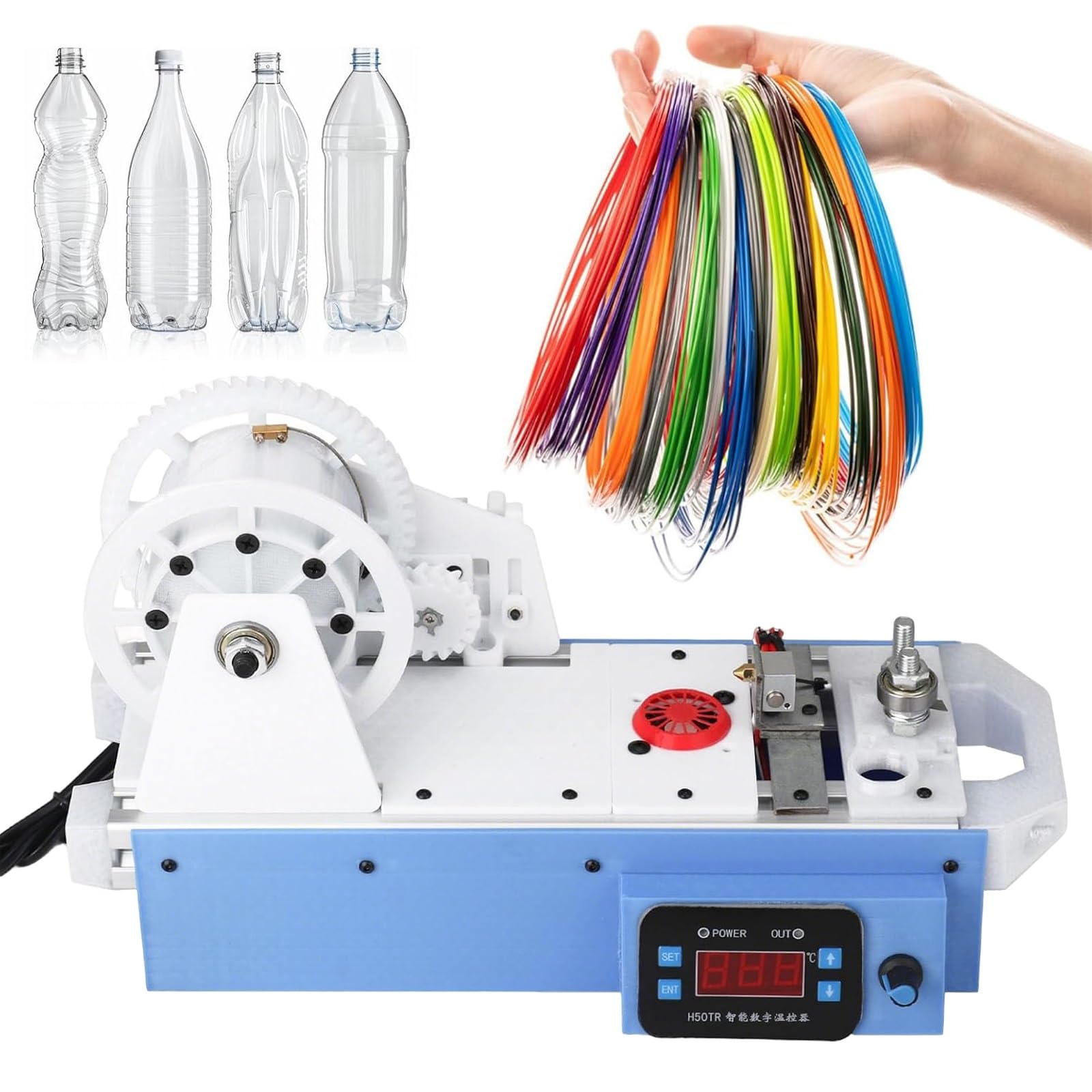 Maszyna do recyklingu filament PET do drukowania 3D, wytłaczarka biurkowa z wyświetlaczem cyfrowym, precyzyjna regulacja temperatury, recykling butelek z tworzywa sztucznego (niebieski)