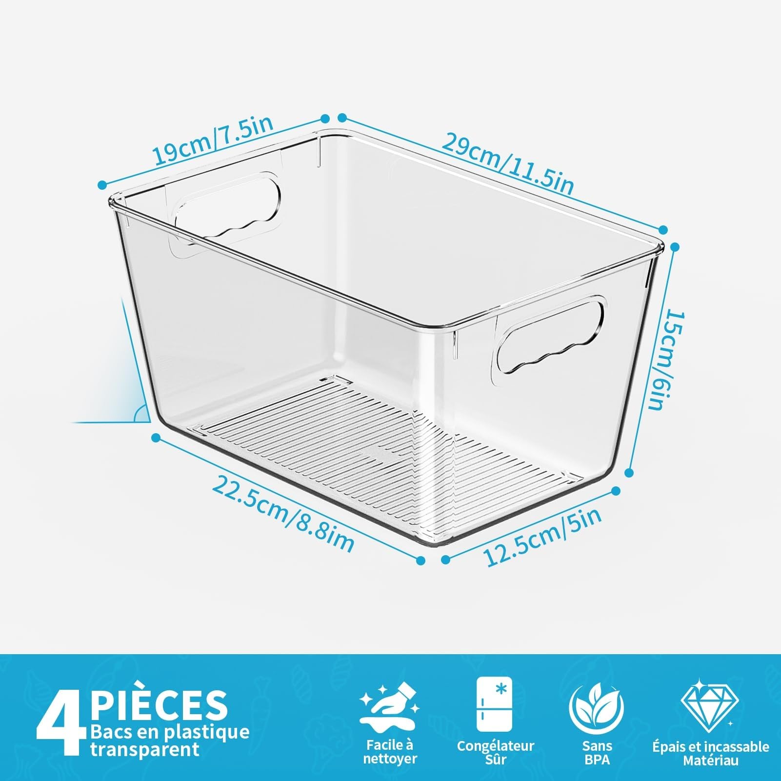 Lot de 4 Bacs Organisateurs Frigo Transparents 29x19x15 cm