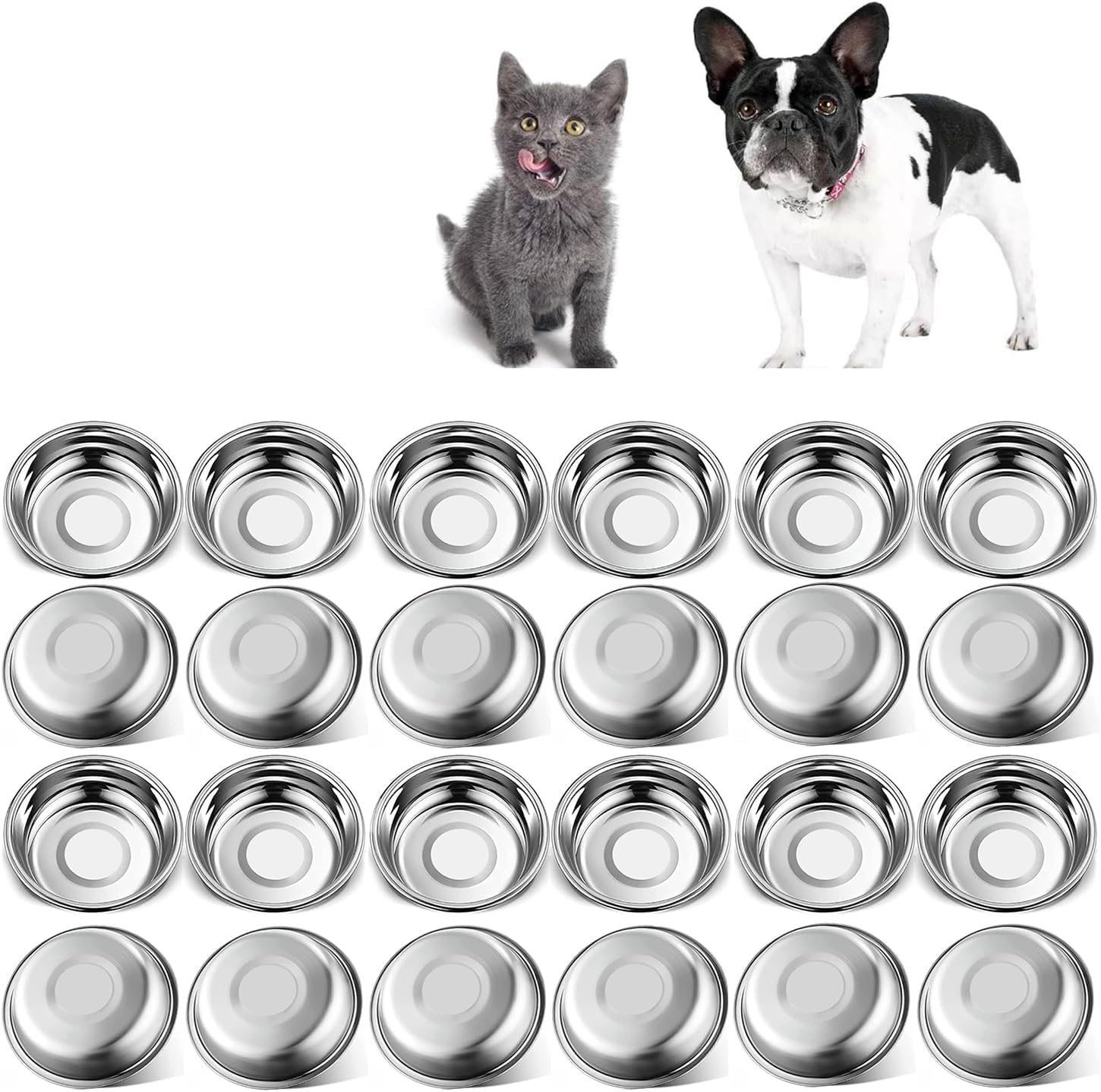 24 PCS Thickened Stainless Steel Cat Bowls, 5.5 Inch Shallow Wide Flat Metal Kitten Food Bowls, Whisker Friendly Fatigue Relief Replacement Basic Pet Dishes for Indoor Cats