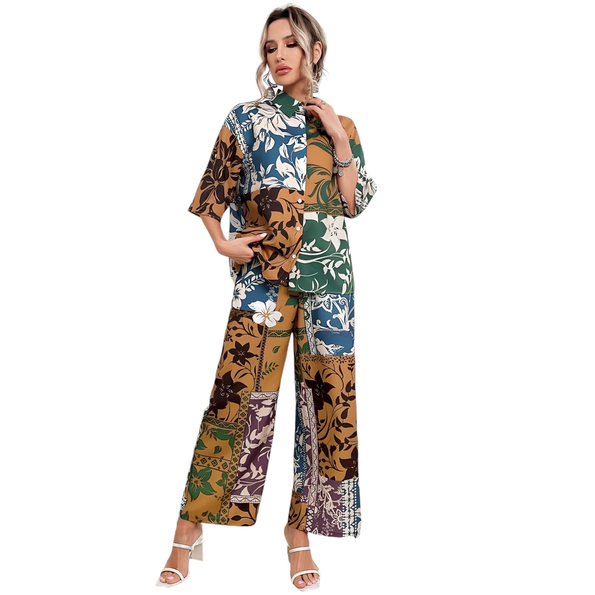 Gufrina Women's Rayon Co-Ord Set With Button-Up Top & Wide Leg Pant 3/4Th Sleeves Collar Neck Printed Pattern Regular Fit And Standard Length