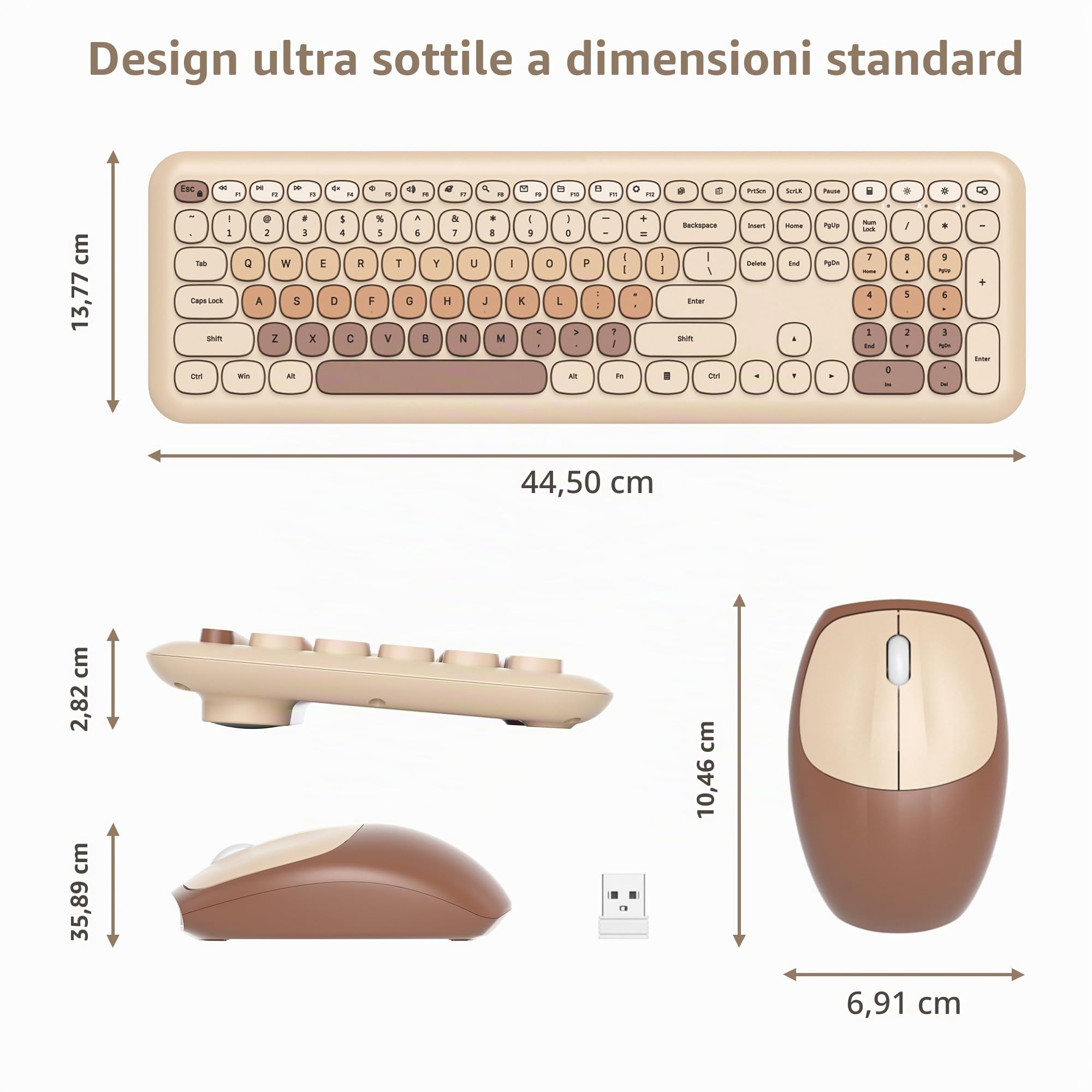 SOLIDEE Combo Tastiera e Mouse Wireless Colorato,tastiera per macchina da scrivere retrò 2.4GHz,104 Tasti con Tastierino Numerico,Tastiera a Membrana Silenziosa(Americana QWERTY)(Coffee)