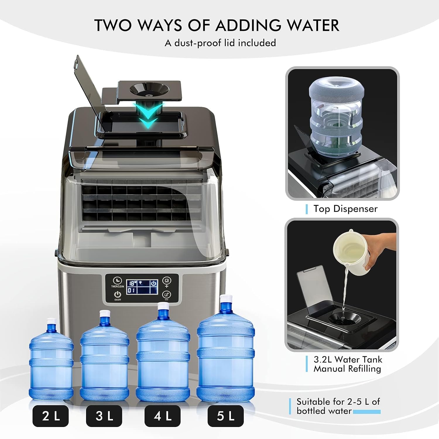 Diagram showing two ways to add water to the ice maker: manual top fill and bottled water dispenser.