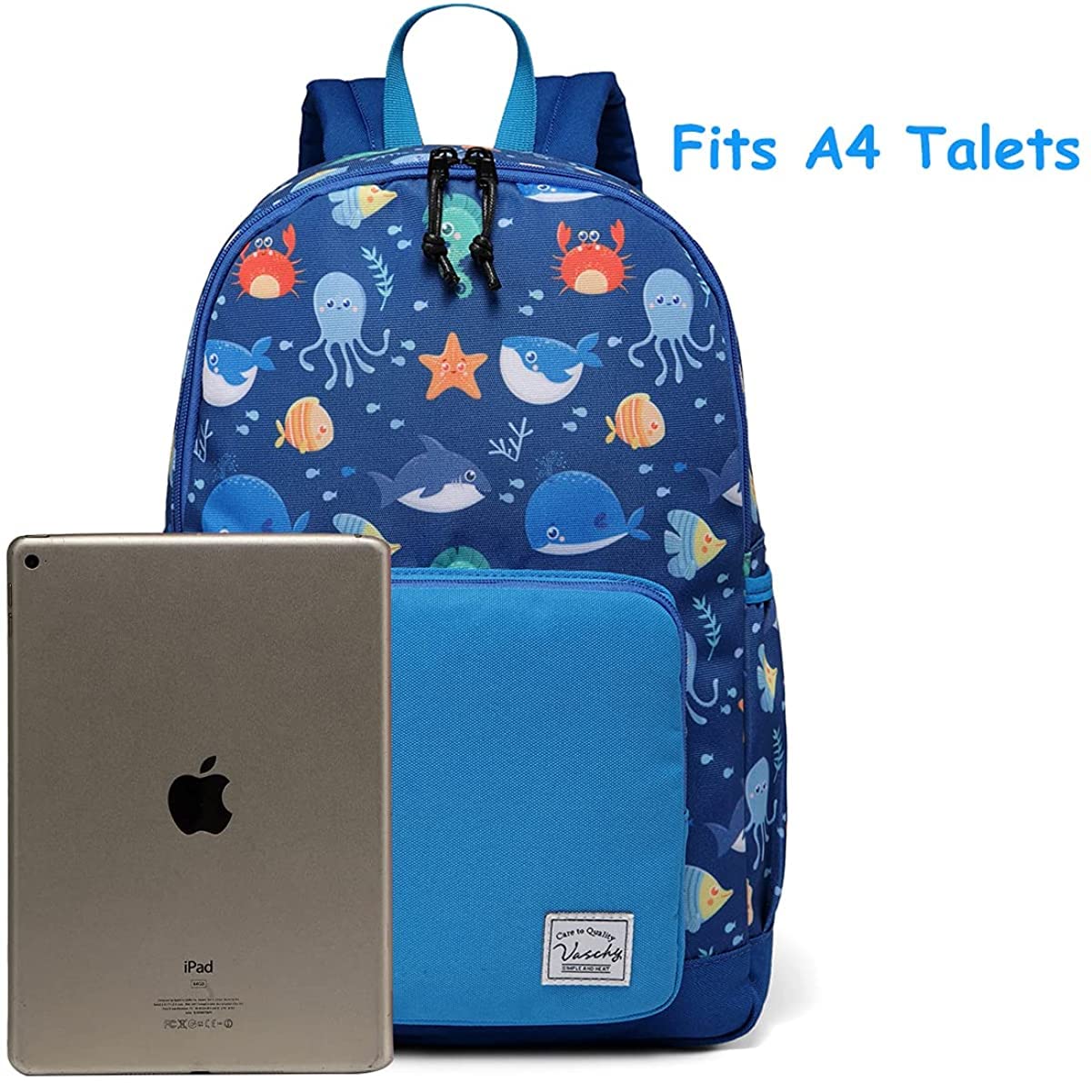 VASCHY Mochila Niño, Mochila Infantil Resistente al Agua Mochila Escolar para Niños de 4-6 Años con Correa de Pecho Etiqueta de Nombre para Escuela Viaje, Patrón de Peces de Mar, Azul