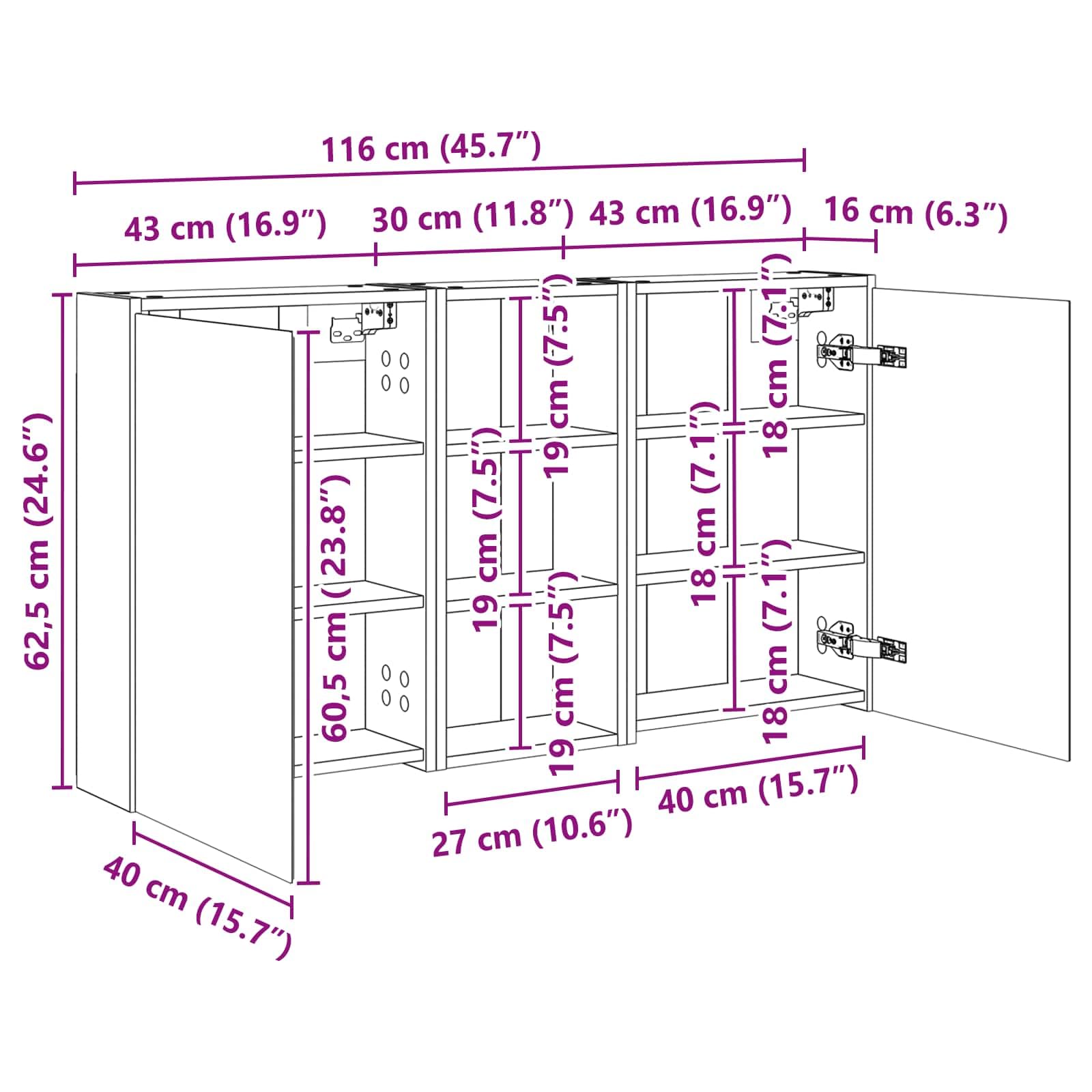3-częściowy zestaw szafek łazienkowych z materiału drewnopochodnego 116 x 16 x 62,5 cm z oświetleniem LED, dwukierunkowe lustro, montaż na ścianie, miejsce do przechowywania mebli