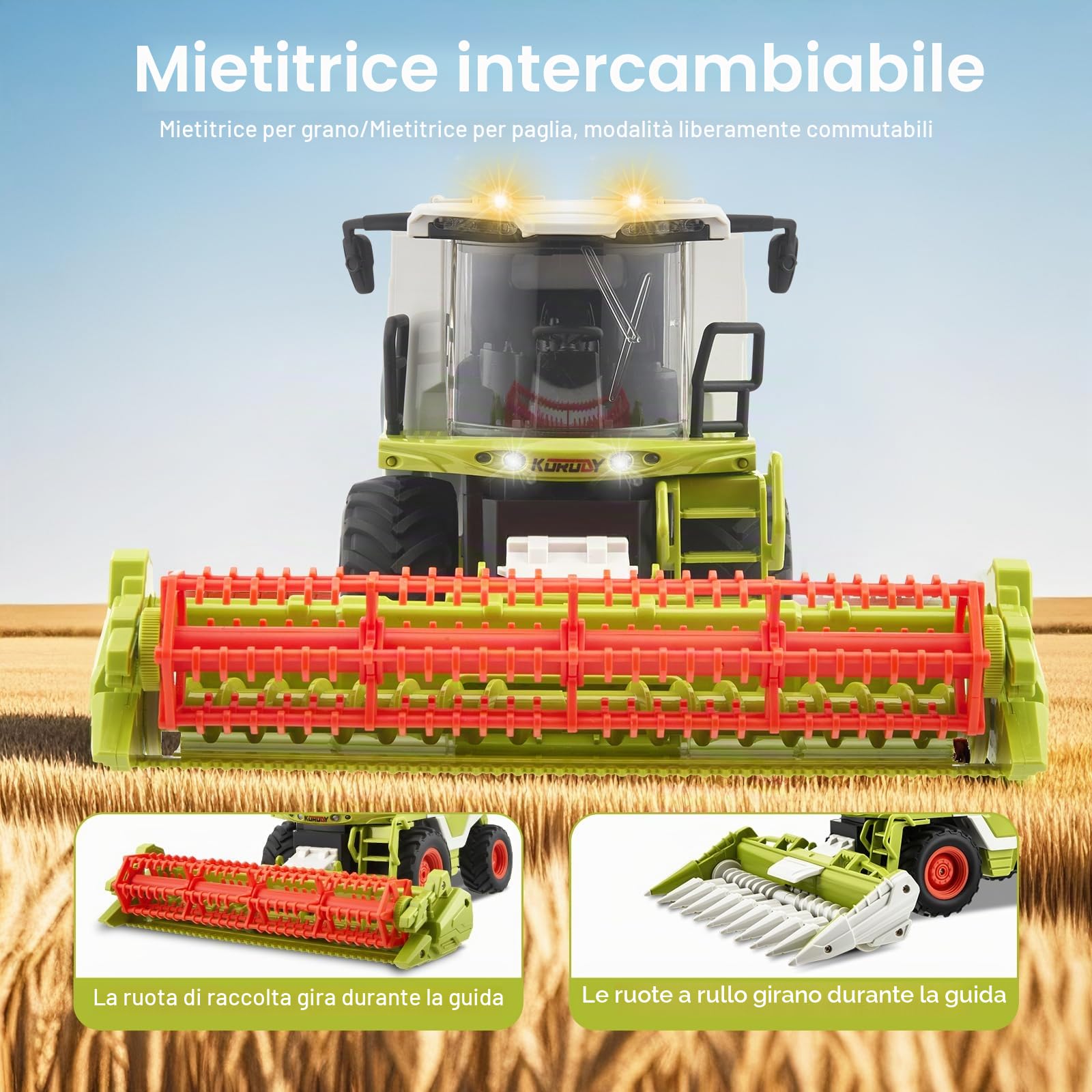 RC Mietitrebbia giocattolo radiocomandato mietitrebbia, trattore RC Harvester grande con spruzzatura, luce e suono, 2,4 GHz, 1:24, regalo per feste per bambini dai 3 4 5 6 anni in su