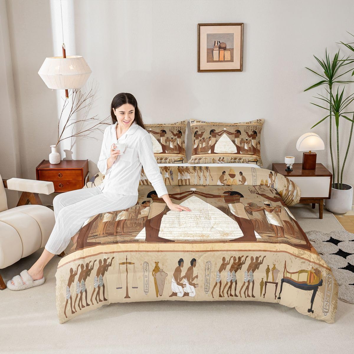 Feelyou Ancient Egypt Comforter Set Soft Kids Retro Egypt Culture Bedding Set Vintage Egyptian Decor Quilted Duvet Bed Set with Comforter for Girls Boys (Full, 3 Pieces) Boys