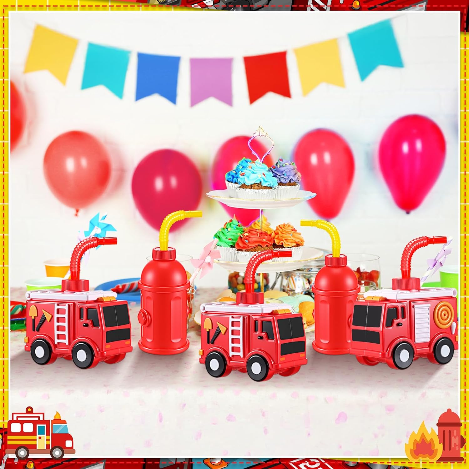 Tanlade Firefighter Party Favor Supplies Red Plastic Fire Truck Cups Cute Fire Hydrant Cups with Straws Reusable for Firefighter Birthday Party (12 Pcs)
