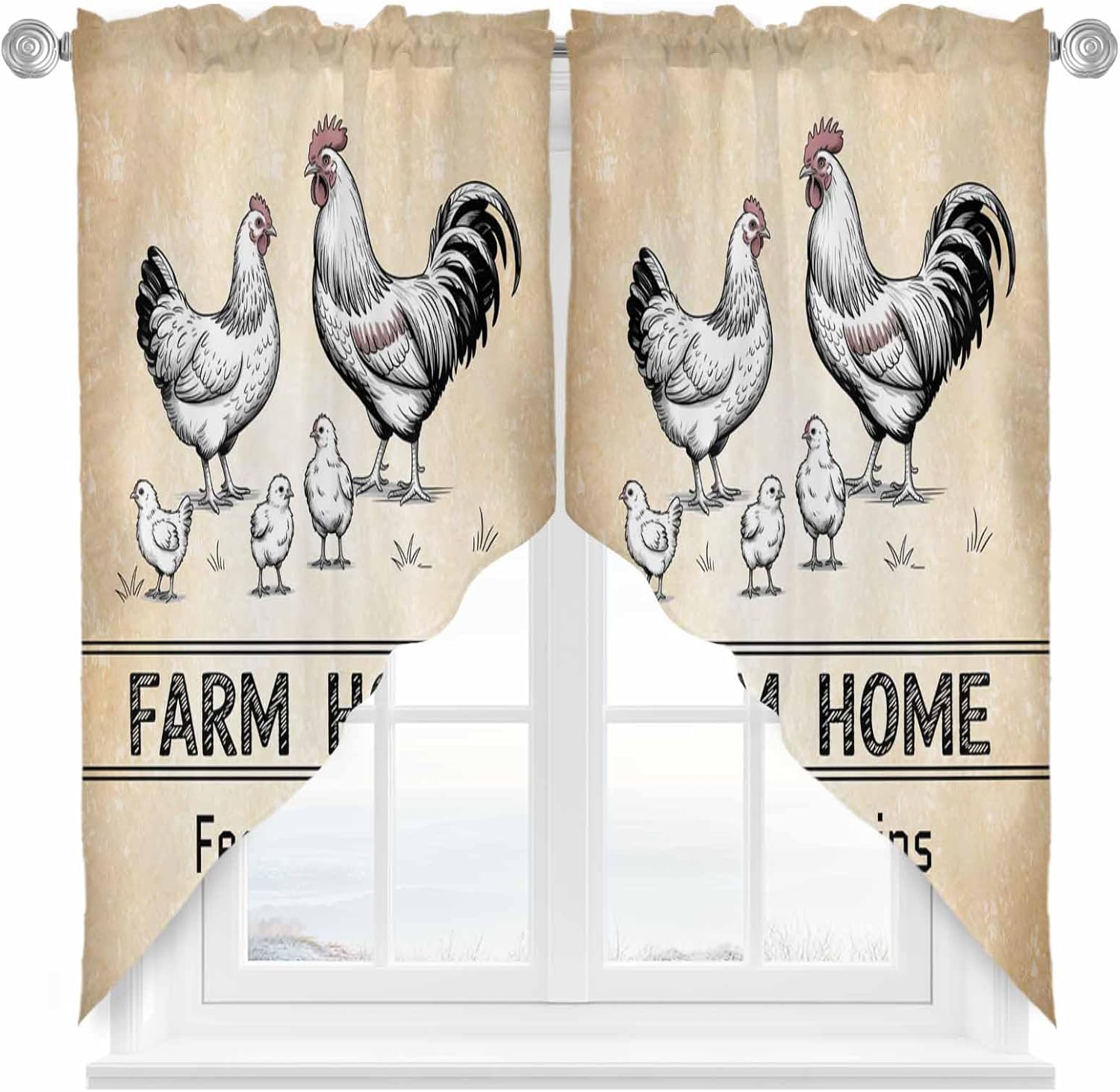 Swag Curtain,Retro Rooster Farm Cock Kitchen Valances Rod Pocket Curtains Tier Pair Swag Topper,Black Stripe Vintage Back 2 Panels Window Treatment for Bathroom Living Room Bedroom