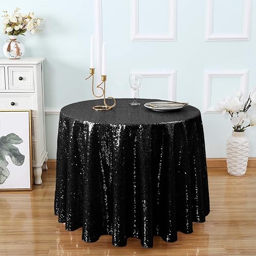 Kirsooku Black Sequin Tablecloth Glitter Sparkly Iridescent Shimmer for Round Table Cloth 90 Inch Table Covers Decorations for Birthday Party Halloween Decor Supplies Event Wedding