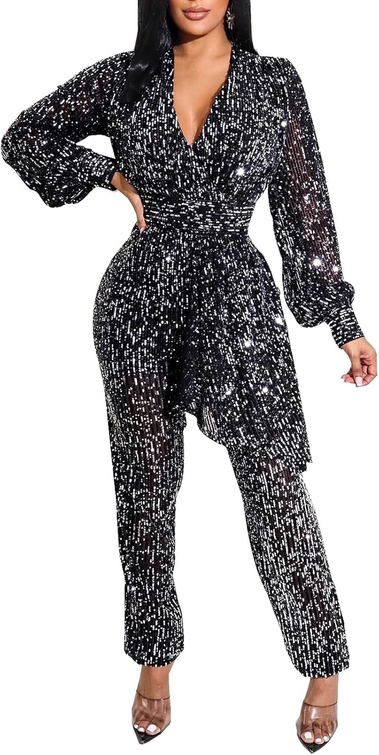 Women Sparkly Dressy Jumpsuit Deep V Neck Long Sleeve Clubwear Plus Size Wide Leg Long Pants Rompers