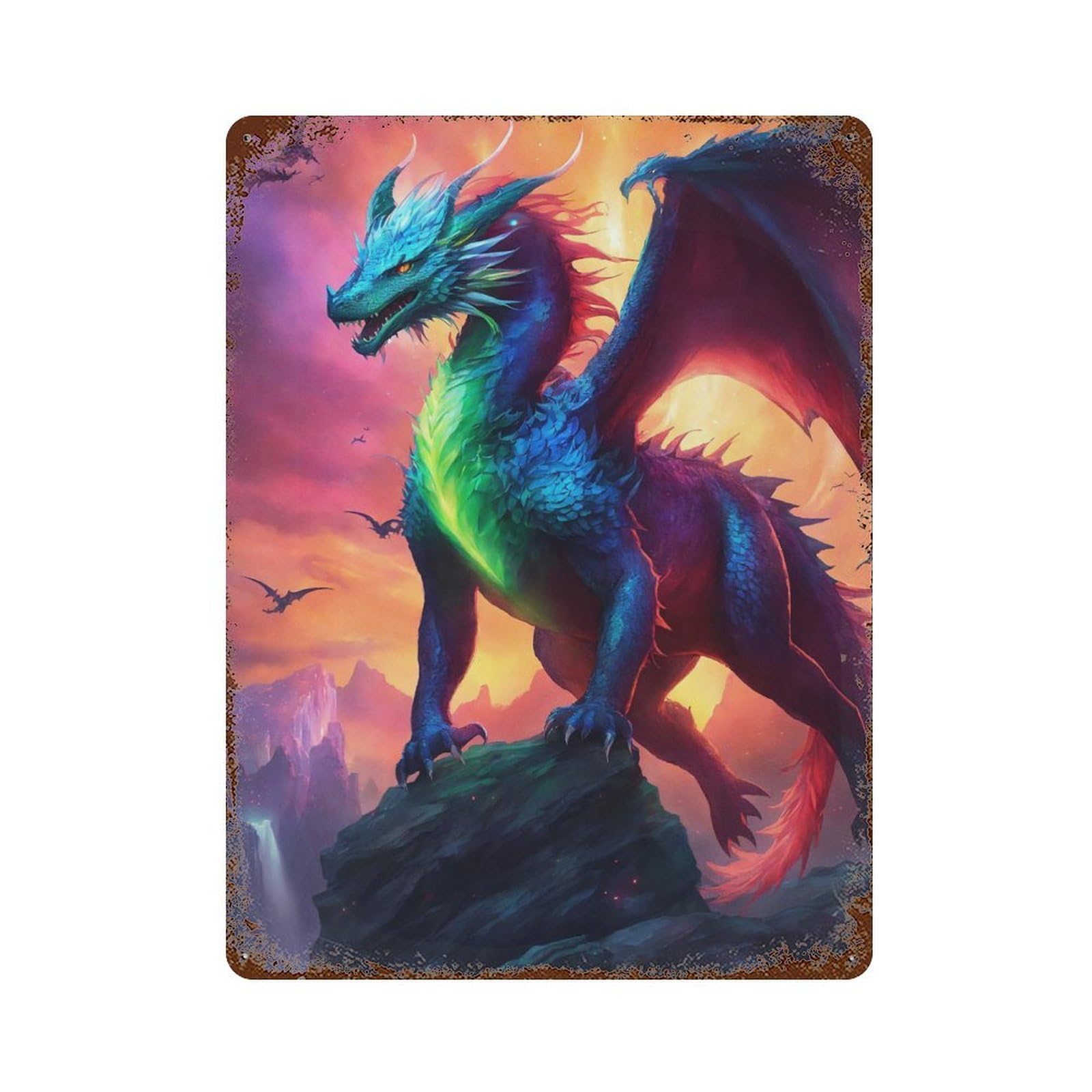 Apocalyptic Magical Dragon Rust Effect Tin Sign 15.7"x11.8", Ideal for Shed, Workshop And Garage Wall Decor