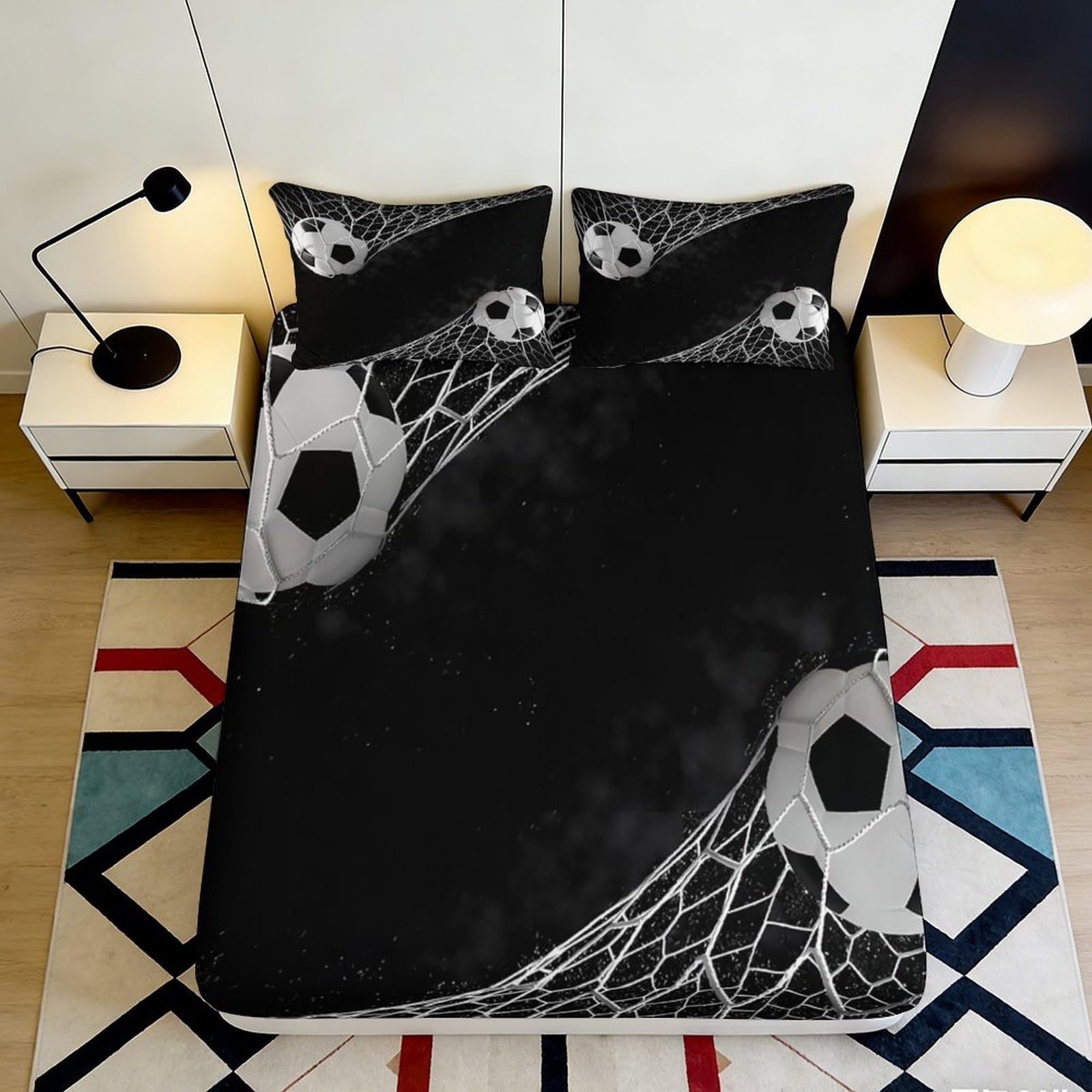 3D Printed Soccer Goal Fitted Sheet Microfiber Black Football Net Mattress Cover Bedroom Decor Anti-Slip Washable 120x200x25cm