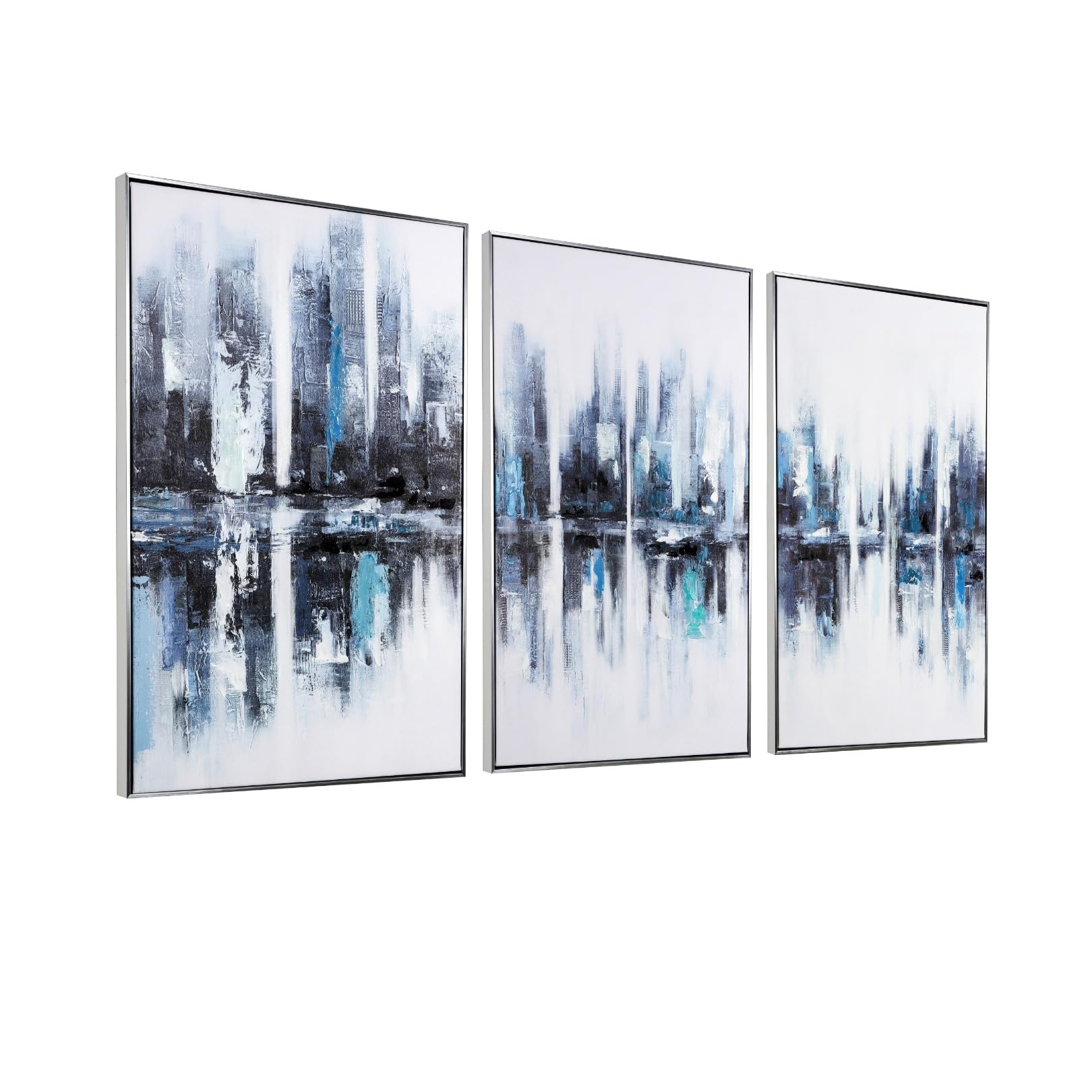 Abstract Wall Art for Living Room - 24" x 36" x 3 panel, Large Blue Cityscape Canvas Wall Art for Modern Living Room, Bedroom Decor, Framed