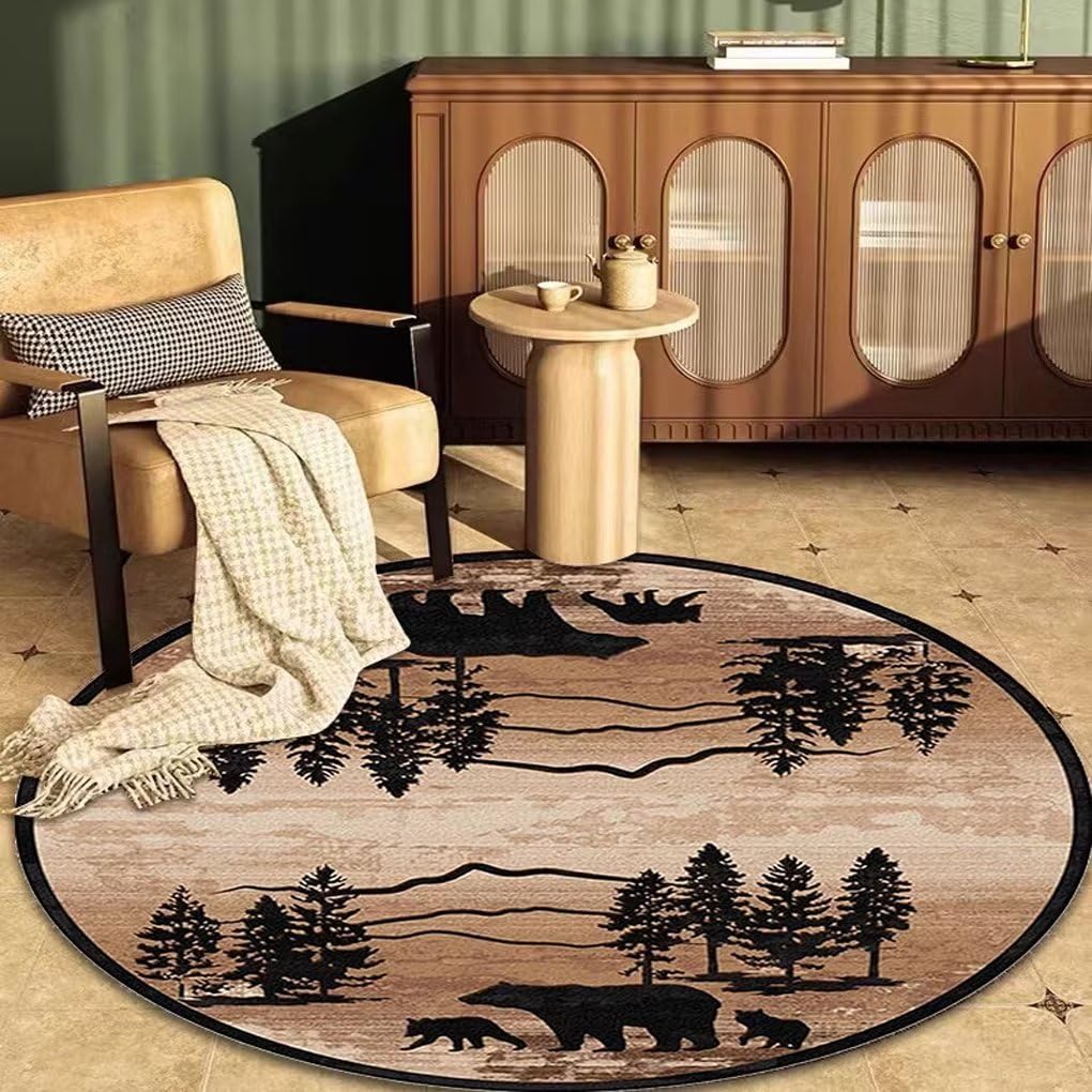 Soyalie Retro Cabin House Bear Rustic Round Rug for Bedroom Soft Western Wildlife Style Area Rugs Apartment Decor Desert Floor Mat 5ft