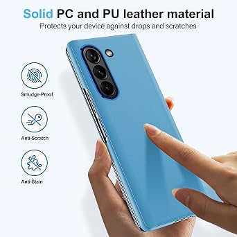 Galaxy Z Fold 6 Cover Cases Compatible with Samsung Z Fold 6 Flip Cell Phone Case Clear View Mirror Flip Cover PU Leather with Kickstand Protective Cover for Samsung Galaxy Z Fold 6 (Blue)