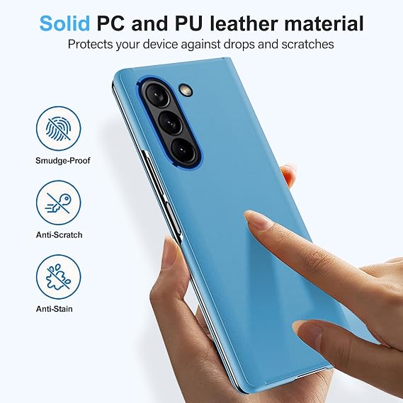 Galaxy Z Fold 6 Cover Cases Compatible with Samsung Z Fold 6 Flip Cell Phone Case Clear View Mirror Flip Cover PU Leather with Kickstand Protective Cover for Samsung Galaxy Z Fold 6 (Blue)