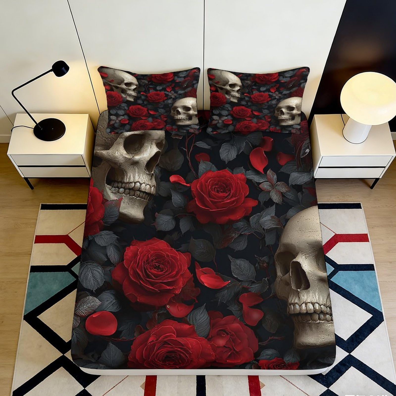 3D Printed Skull Rose Fitted Sheet Microfiber Deep Pocket Non-Slip Rose Mattress Fitted Cover for Bedroom Adult 140x200x25cm