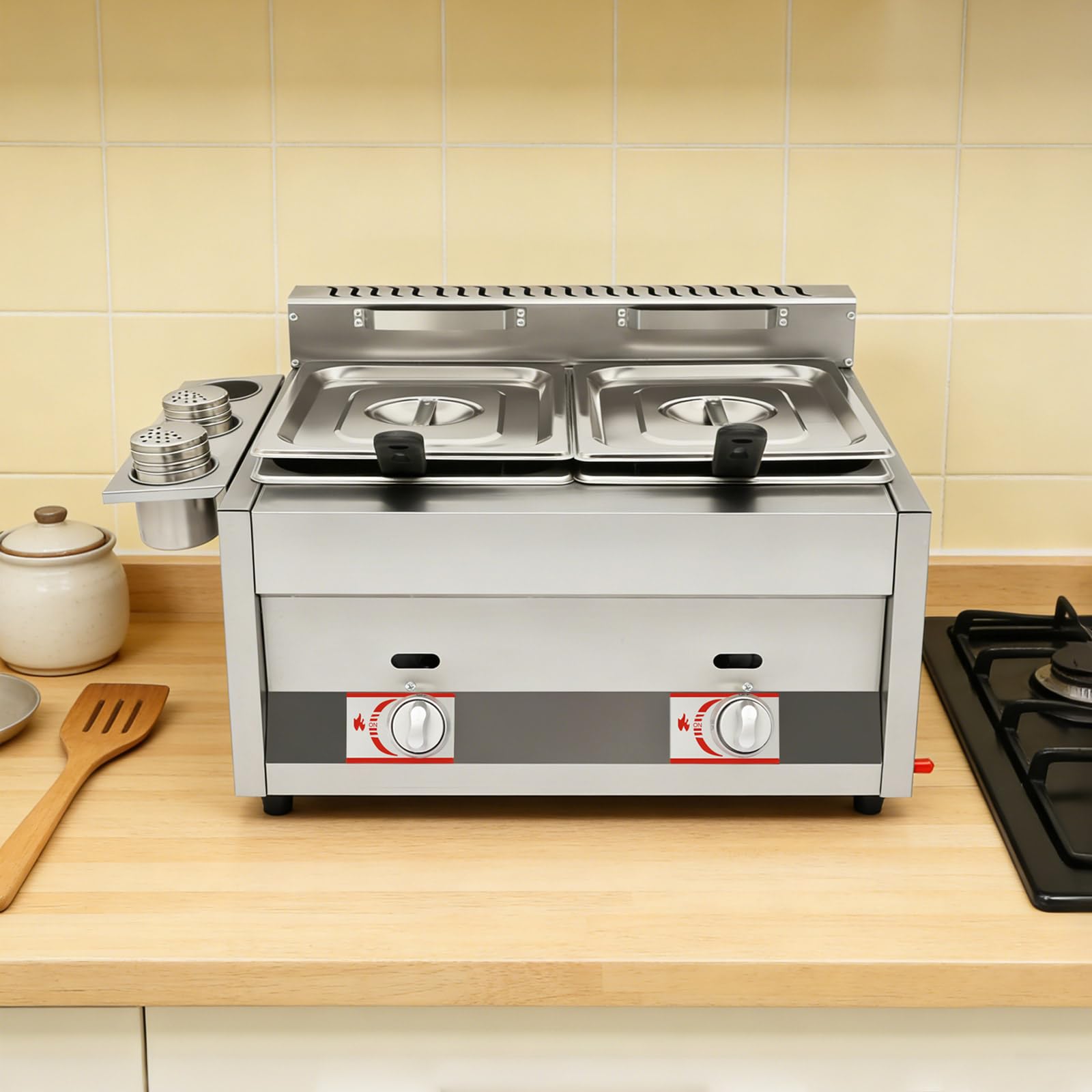 Friggitrice Professionale Doppia Vasca 12L, Friggitrice a Gas con 2 Bruciatori e Controllo Indipendente, Friggitrice per Ristorante Commerciale con Coperchi e Cestello Antiscottatura, Inox 430