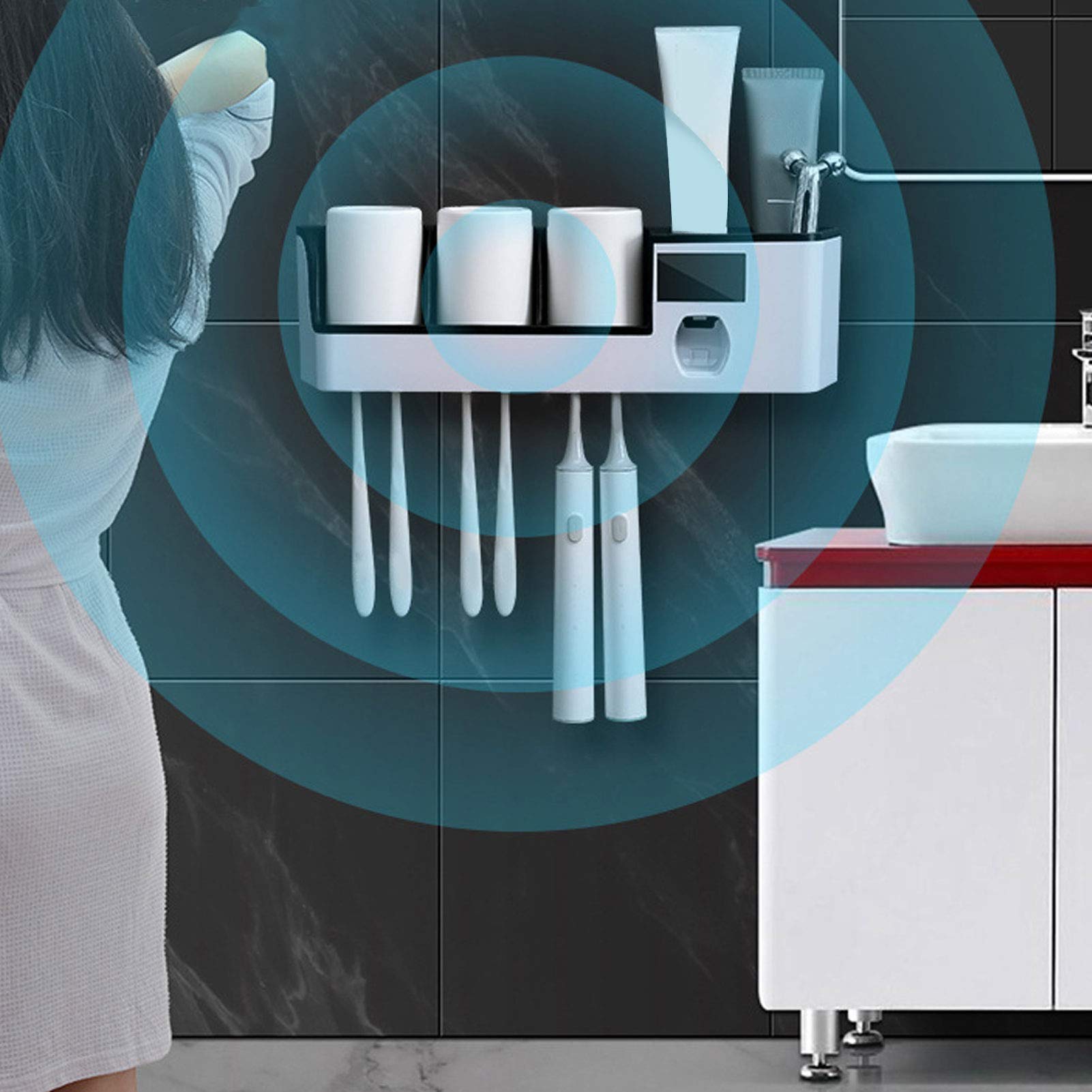 Sensor De Cepillo De Dientes, Soporte De Pared para Cepillo De Dientes con Exprimidor Dispensador De Pasta De Dientes, Carga USB, Sensor Infrarrojo