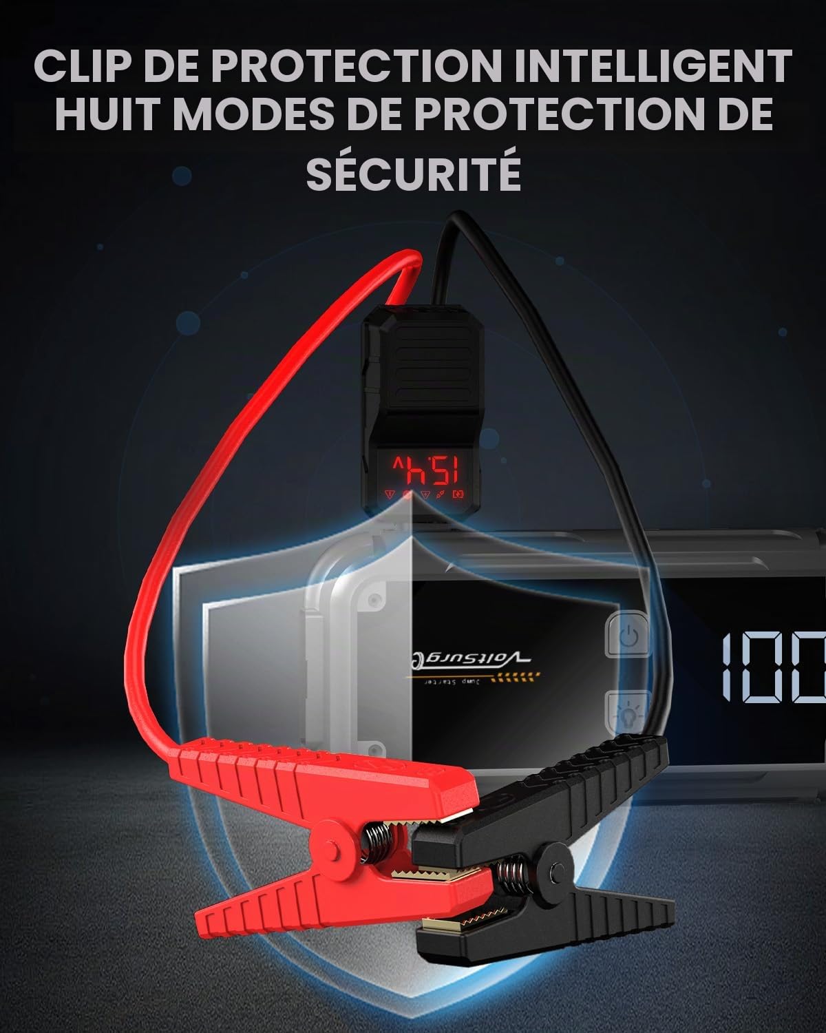 Booster Batterie Voiture 5000A, Démarreur de Batterie de Voiture Portable(Jusqu'à 8.0L Diesel ou Tout Gaz), 12V Jump Starter, Pinces Intelligentes avec Écran, Lumière LED (D05US)