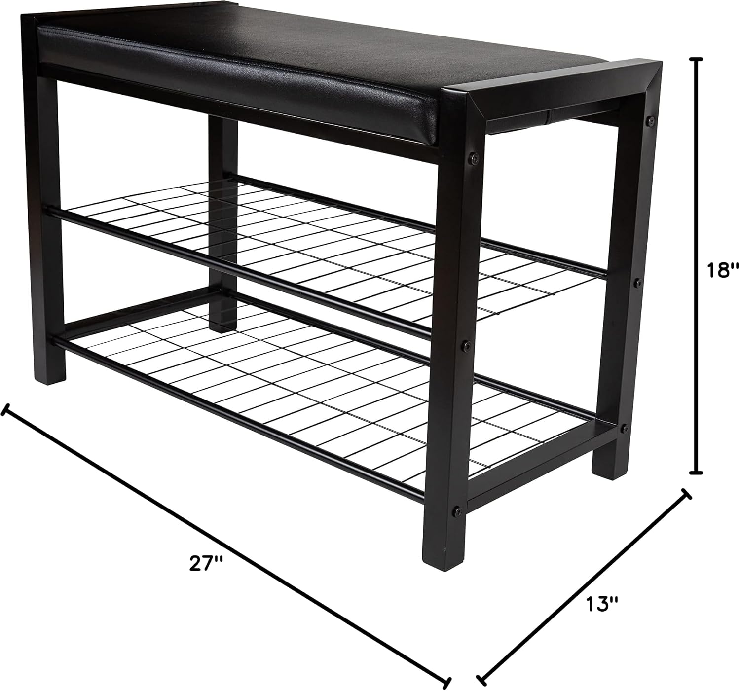 Danya B. Leatherette Entryway Bench with Two Metal Shoe Racks (Black/Black)