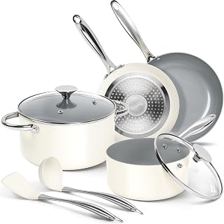 MICHELANGELO Ceramic Pots and Pans Set Non Stick - 8 Pcs Ceramic Cookware Set Non Toxic, Healthy Cooking Set with Ergonomic Handle, Oven Safe & Compatible with All Stovetops - Cream
