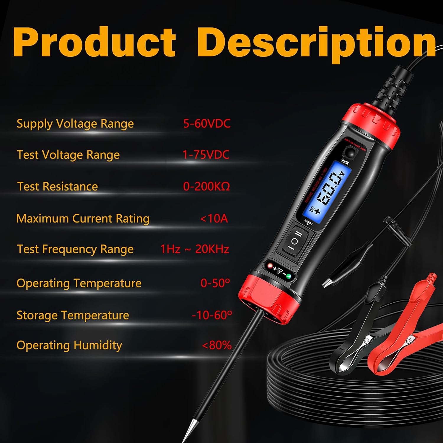 Power Circuit Probe Tester, 5-60V DC LCD Digital Automotive Test Light, Auto Voltage Tester with Voltmeter&Illumination, Car Fuse Relay Component Continuity Frequence Electrical Test Tool