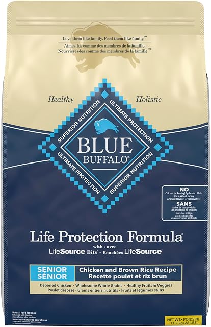Blue Buffalo Life Protection Formula Chicken & Brown Rice Senior Dry Dog Food, Supports Immunity with Antioxidant-Rich LifeSource Bits, Promotes Healthy Muscle Development, Skin & Coat, 11.7kg/26lbs