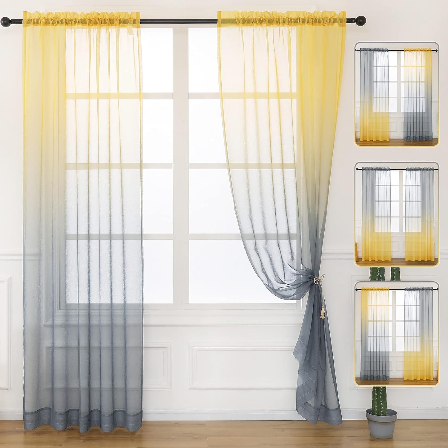 Drewin Yellow and Grey Sheer Curtains 84 Inches Long 2 Panels Fashion Ombre Window Curtains for Kids Room Nursery Voile Sheer Curtain,52x84 Inches