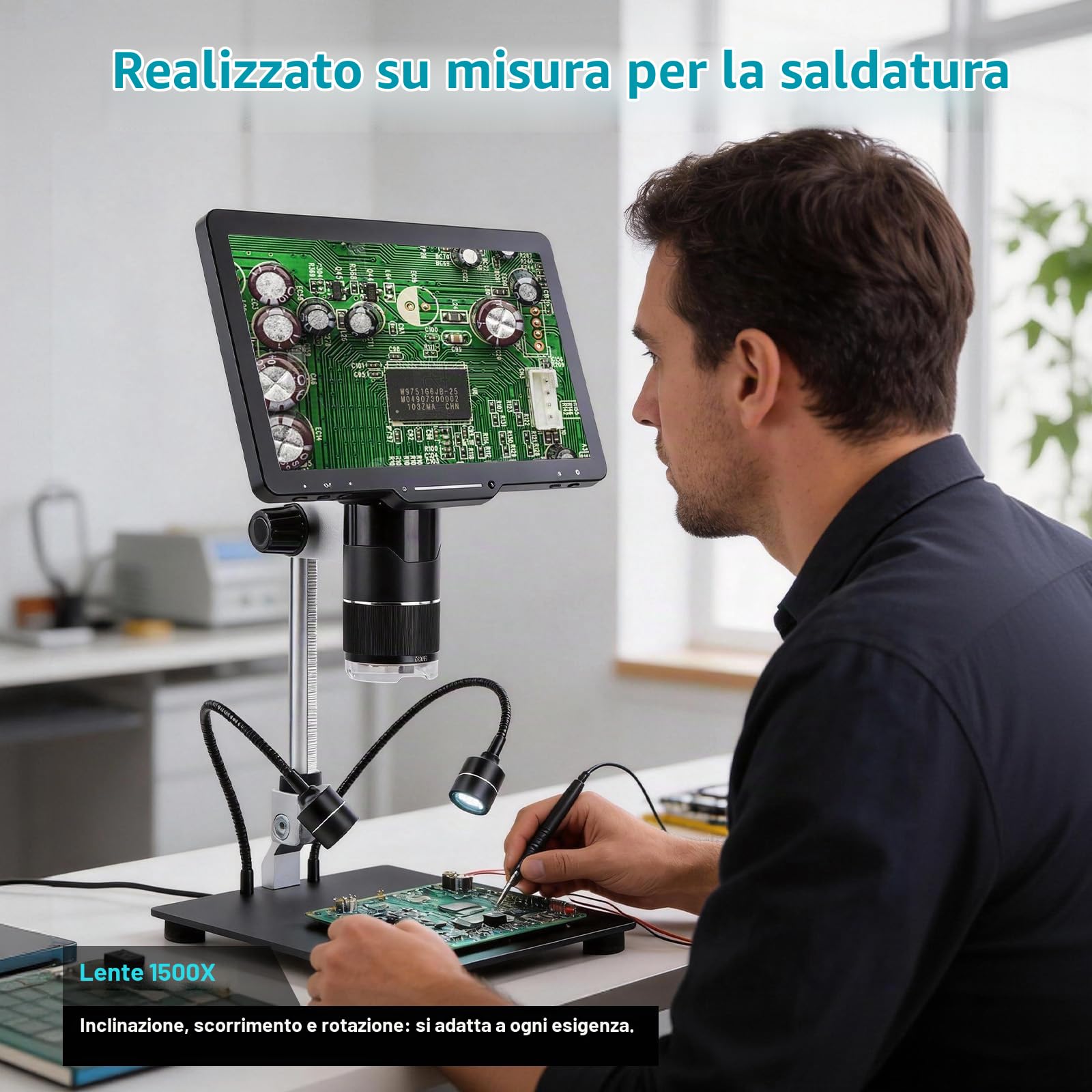 Microscopio digitale Pro con display IPS da 10,1 pollici, 3 obiettivi (1000X-2500X) per saldatura e biologia, fotocamera 2K, anello luminoso a 144 LED, HDMI/USB, 32 GB per bambini e professionisti