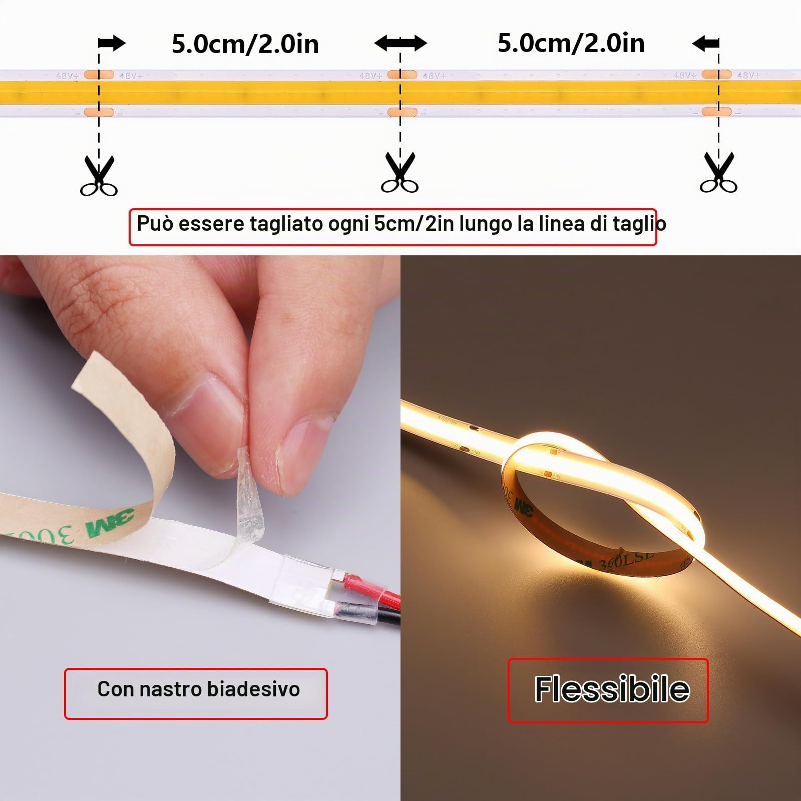 TOPAI Striscia LED COB 20 Metri Bianco Caldo, Strip LED 48V 3000K Alta Luminosità 15000Lm, CRI>93 480LED/M Potenza 160W, Flessibile Larghezza 8 mm Strisce LED Tagliabile Autoadesivo Per uso interno
