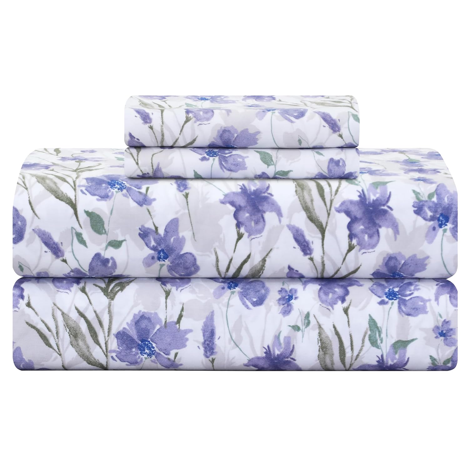 Feather & Stitch 300TC Queen 100% Cotton Sateen Weave Printed Sheet Set, Indigo Floral