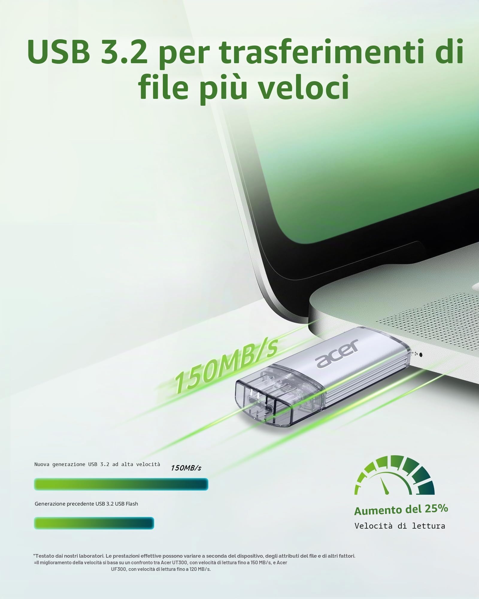 Acer Chiavetta USB UT300 256GB USB 3.2 Gen1 Fino a 150MB/s con Doppia Porta Tipo-A & Tipo-C Chiavetta USB per PC/Laptop/MacBook/Smartphone