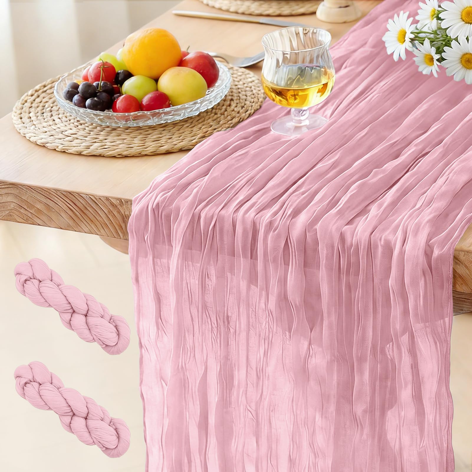 2 Pack Cheesecloth Table Runner Light Pink, 300 x 90 CM Table Runner Bohemian-style Gauze Rustic Gauze Fabric Tablecloth for Wedding, Parties, Christmas and New Year's Eve Table Decoration โ image 1