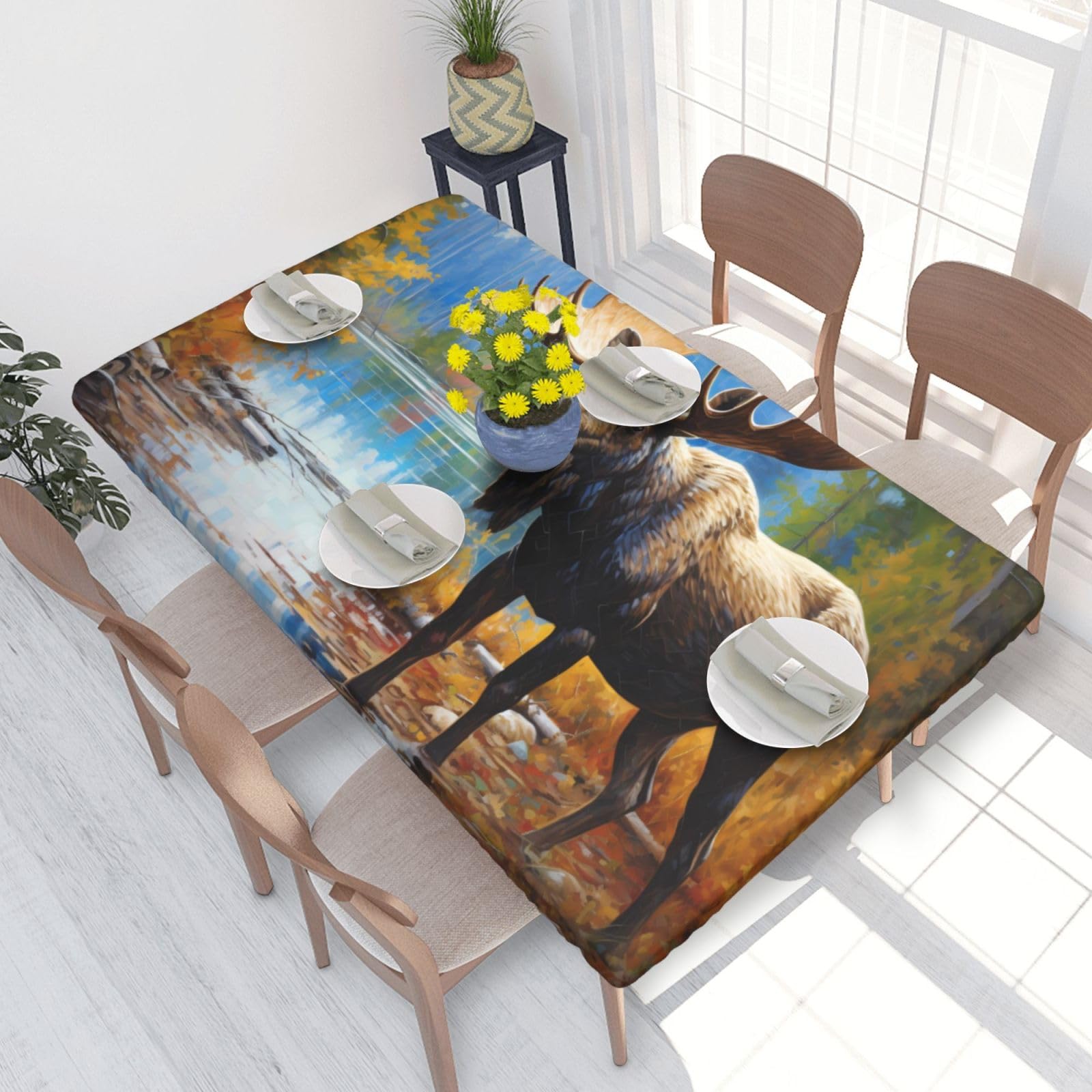 Animal Northern Deer Waterproof Square Table Cover Elastic Fitted Tablecloth Oil Proof Table Protector For 4ft Table