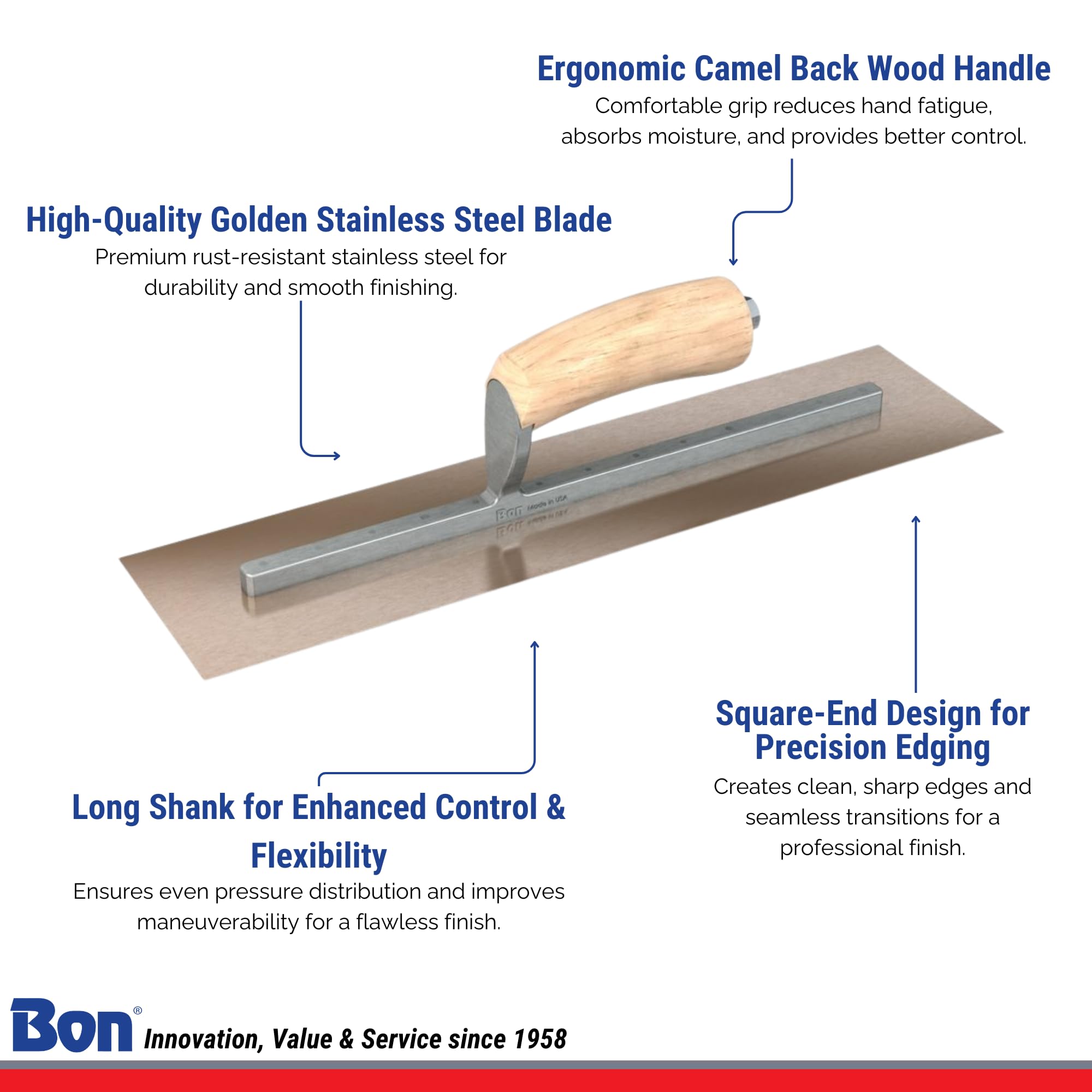 Bon 66-125 Finish Trowel - Square - Golden Stainless - 13 X 5 - Wood Handle