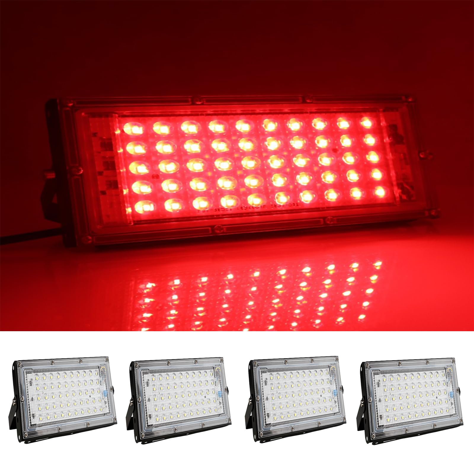 MODOAO Flood Lights Outdoor, 4 Pack 50W 4800LM Red LED Exterior Light, IP66 Waterproof Outdoor Flood Light,AC 220V Wiring Work Light for Party, Stage, Yard, Garden, Garage, Lawn, Court