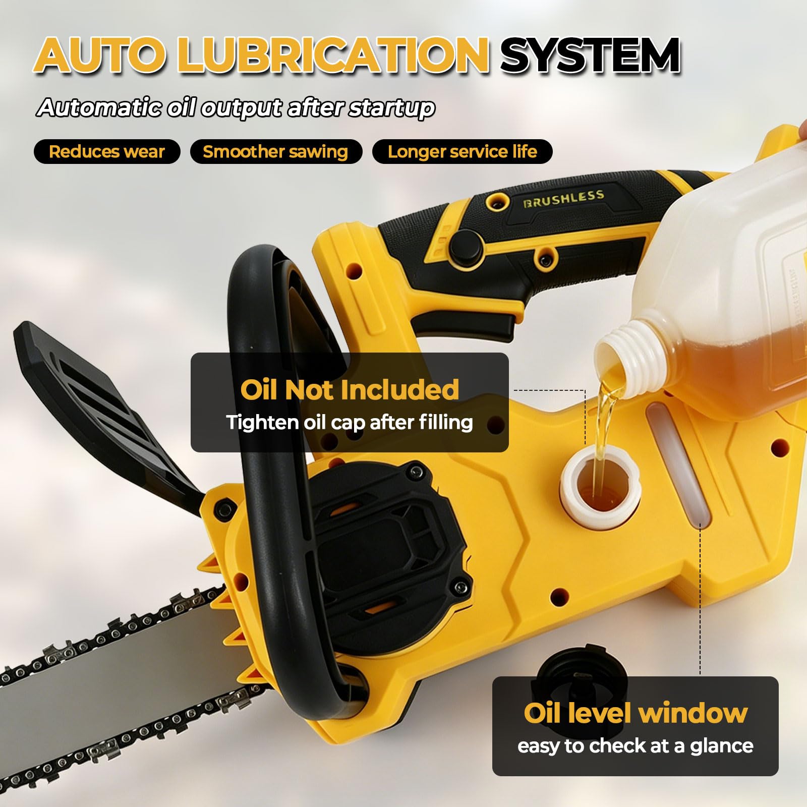 Akumulatorowa piła łańcuchowa, kompatybilna z akumulatorem DEWALT 18 V, 20 V, bezszczotkowa elektryczna piła łańcuchowa 9 m/s ze zbiornikiem oleju 75 ml, hamulec bezpieczeństwa do cięcia i przycinania