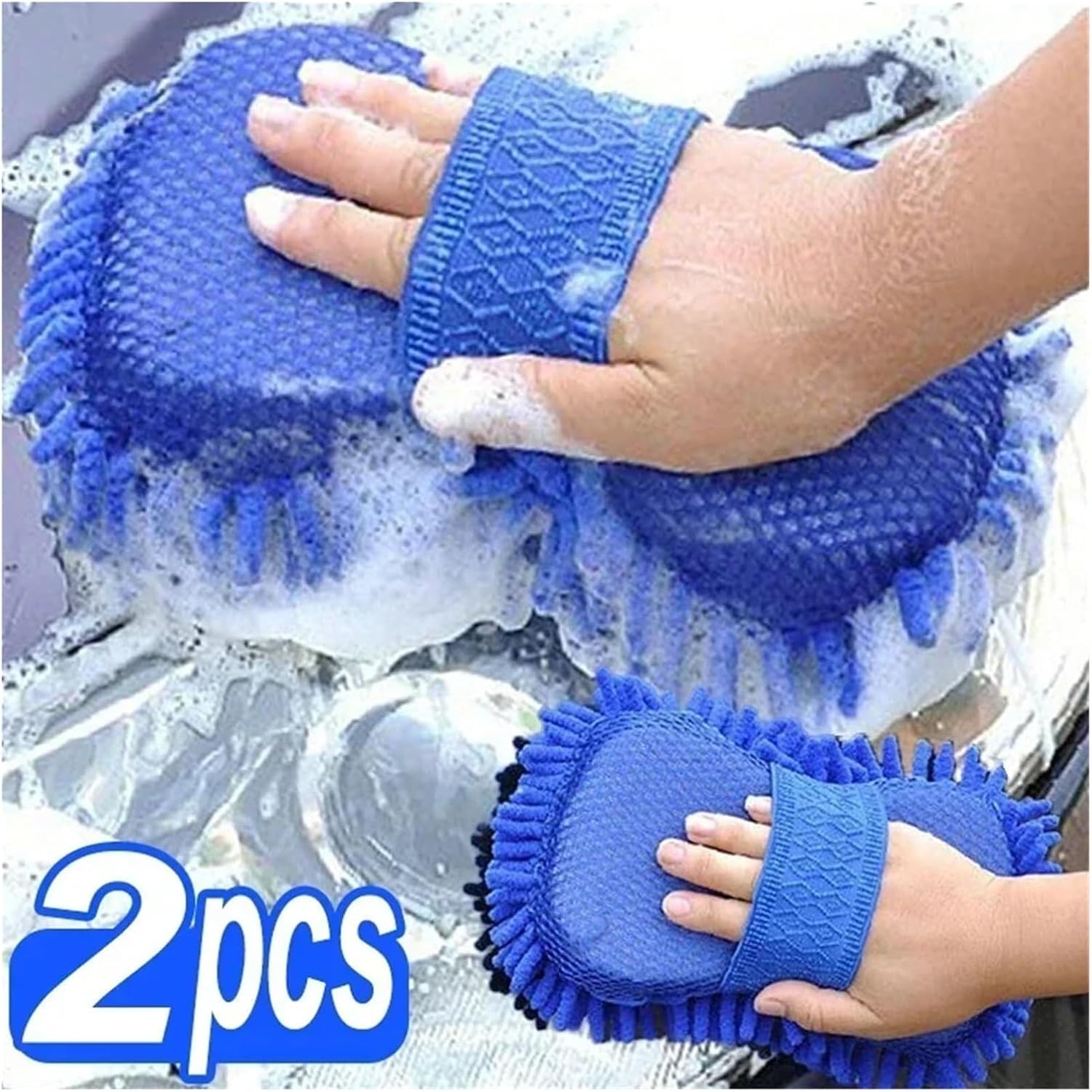 4pc Blue Fiber Car Wash Sponge Care Cleaning Brush Pad Tools Towel Gloves Styling Accessories(Blue-1pcs)