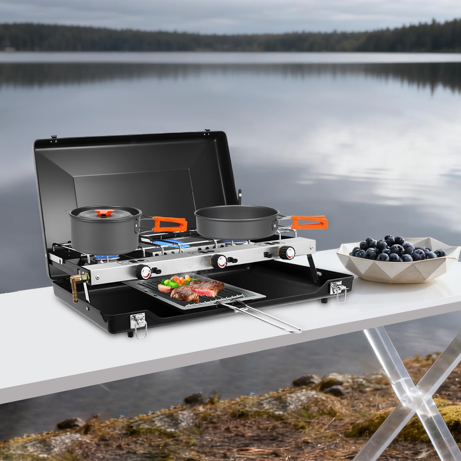 Hornillo de camping plegable con 3 quemadores y 4,5 kW de potencia total, hornillo de gas portátil con encendido piezoeléctrico y tapa como protección contra el viento, barbacoa de camping para